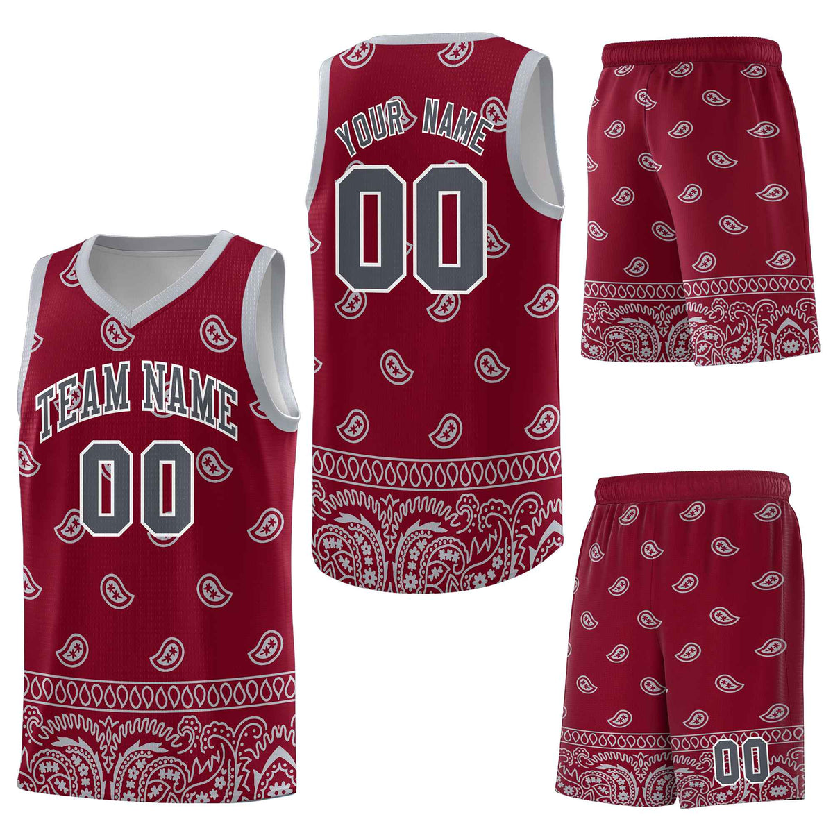 Custom Crimson Gray Personalized Cashew Pattern Sports Uniform Basketball Jersey