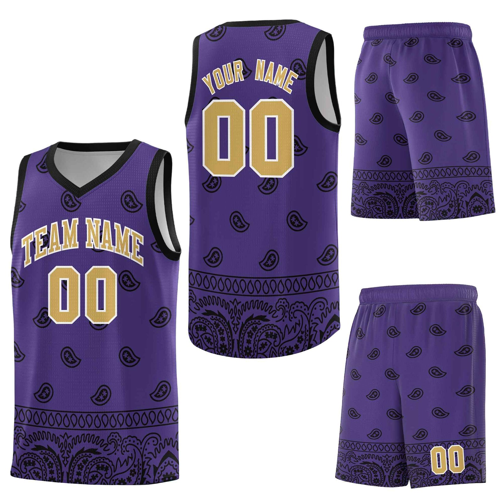 Custom Purple Black Personalized Cashew Pattern Sports Uniform Basketball Jersey