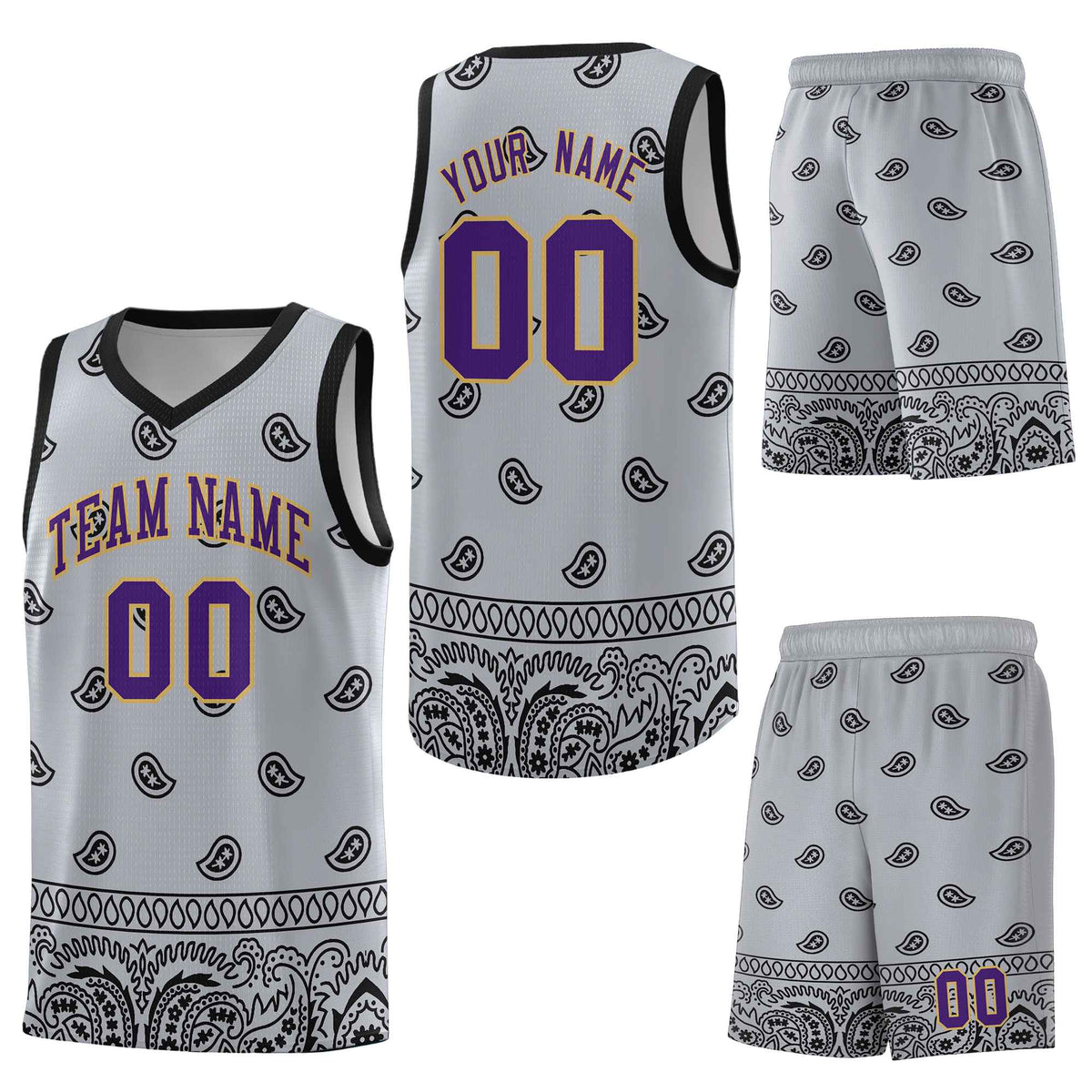 Custom Gray Black Personalized Cashew Pattern Sports Uniform Basketball Jersey
