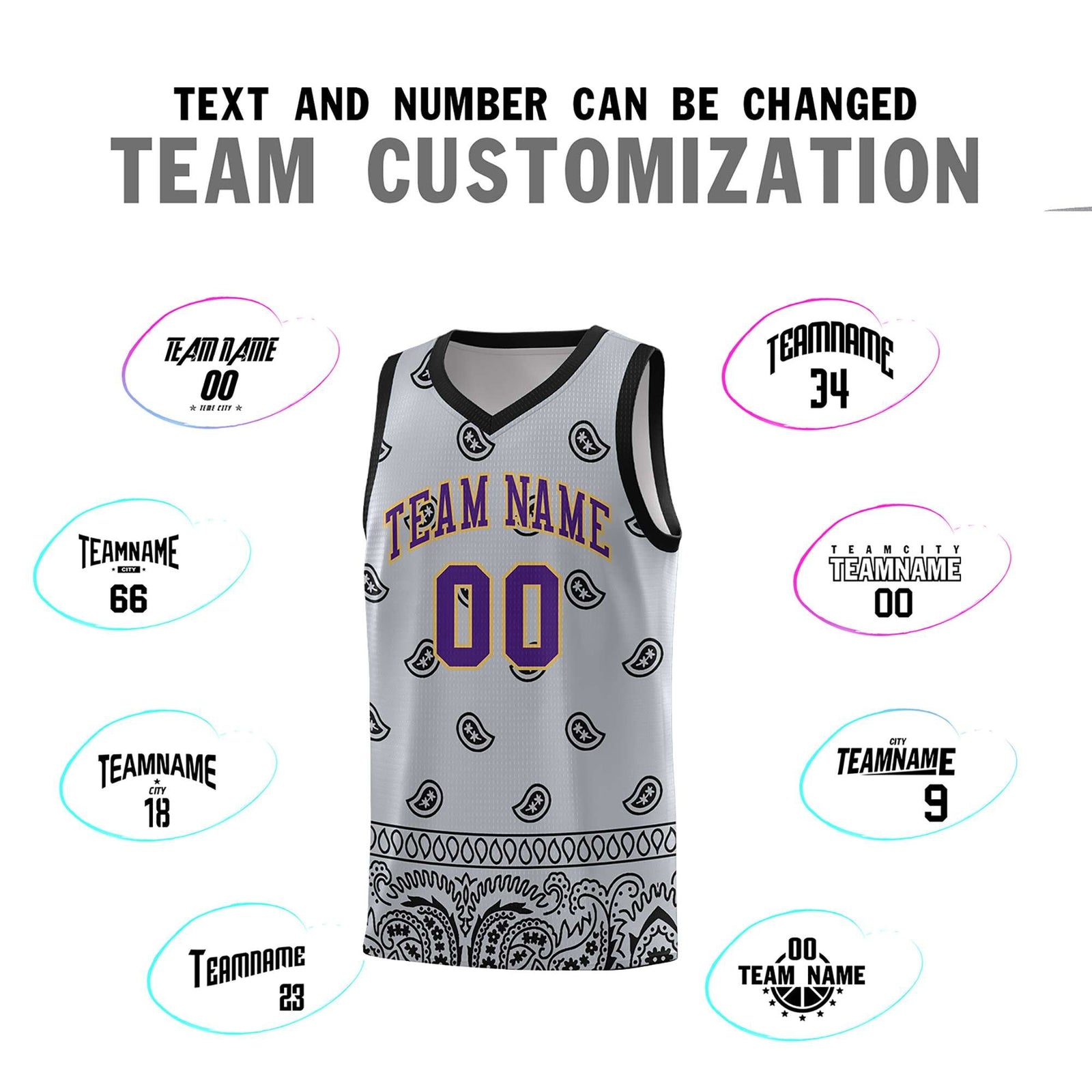Custom Gray Black Personalized Cashew Pattern Sports Uniform Basketball Jersey