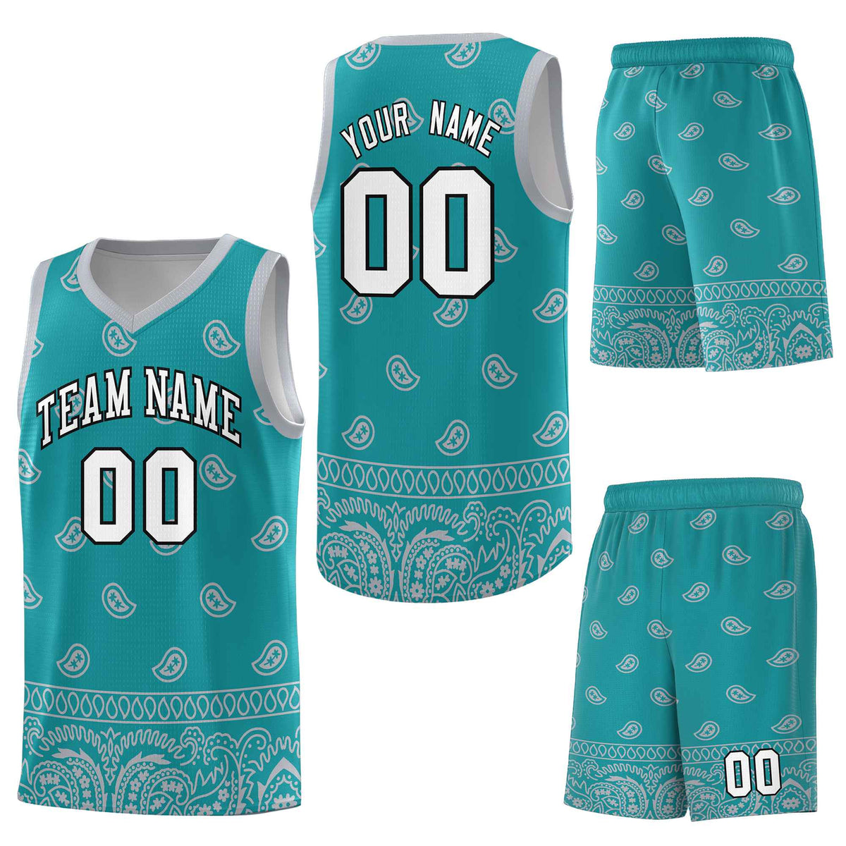Custom Aqua Gray Personalized Cashew Pattern Sports Uniform Basketball Jersey