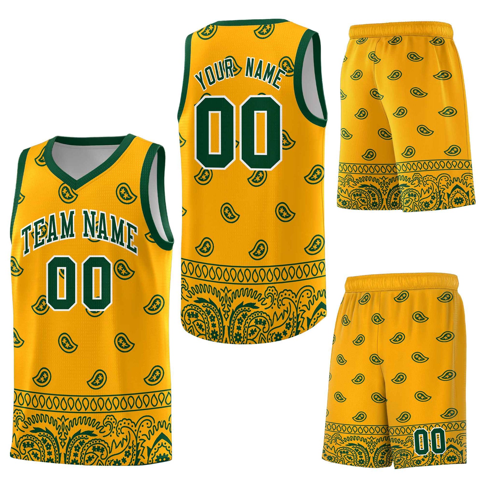 Custom Yellow Green Personalized Cashew Pattern Sports Uniform Basketball Jersey