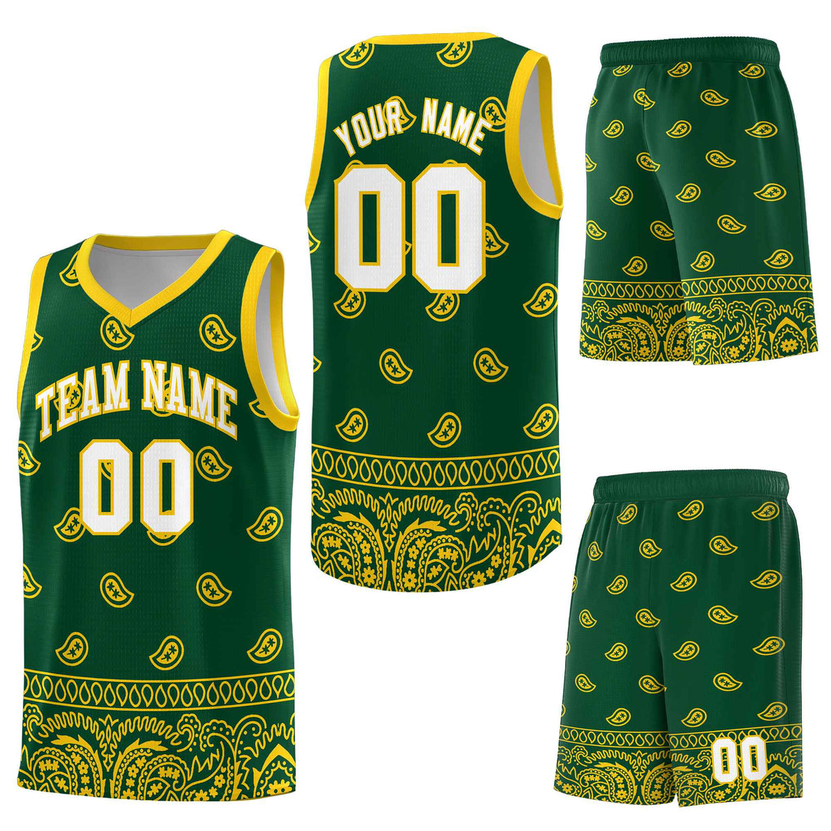 Custom Gold Green Personalized Cashew Pattern Sports Uniform Basketball Jersey