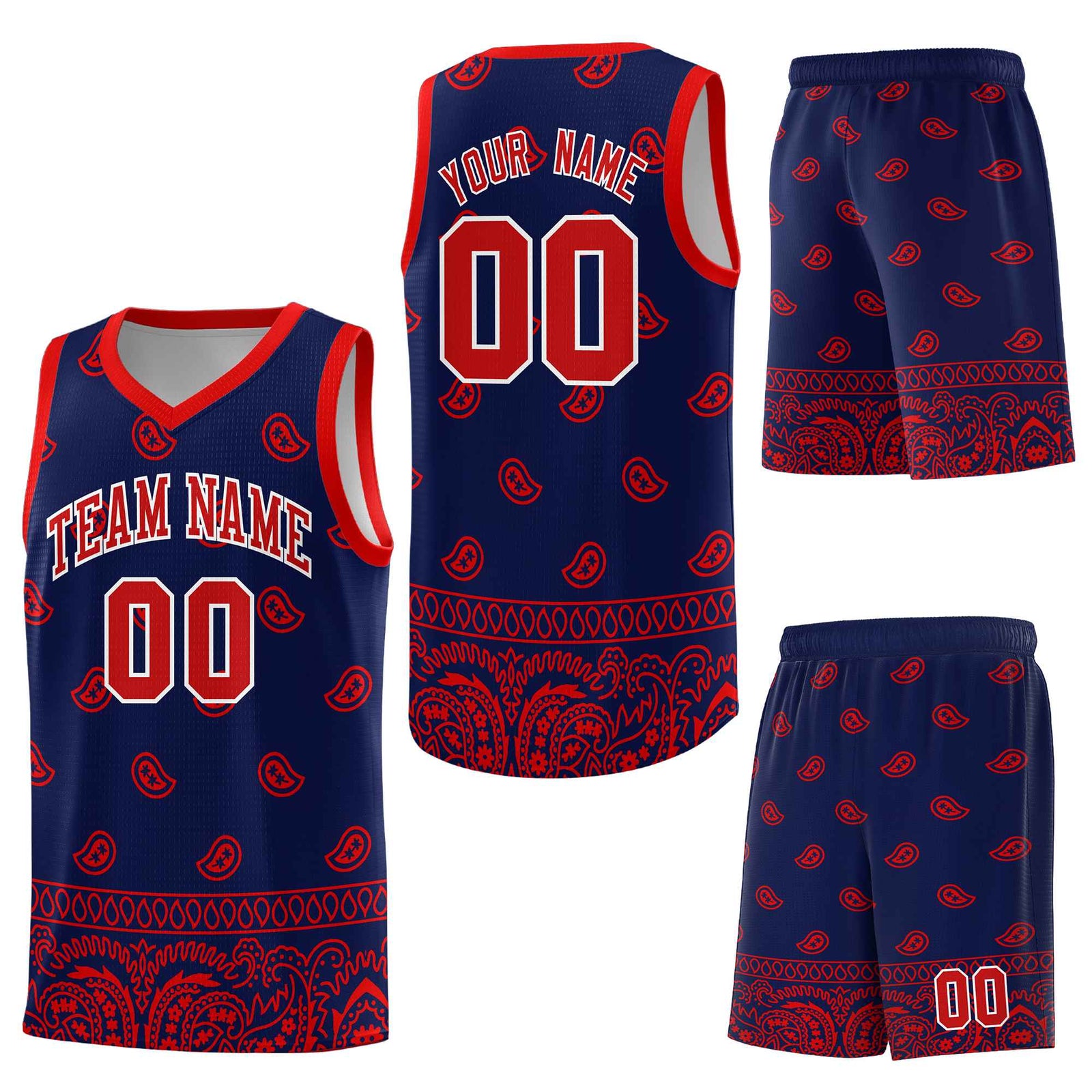 Custom Navy Red Personalized Cashew Pattern Sports Uniform Basketball Jersey