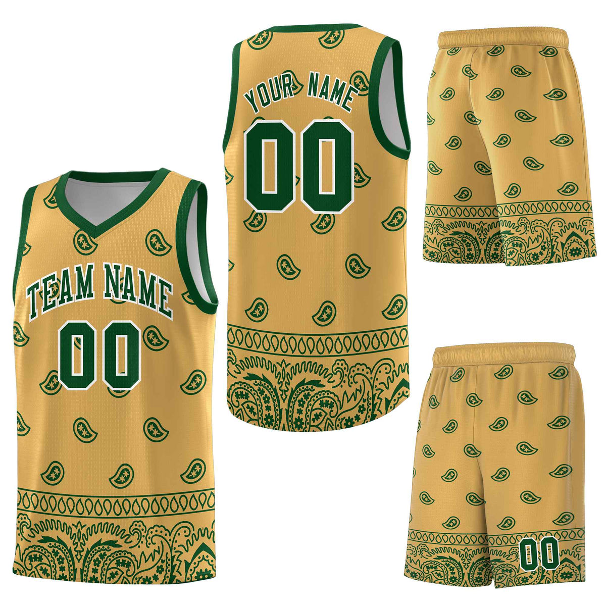 Custom Old Gold Green Personalized Cashew Pattern Sports Uniform Basketball Jersey