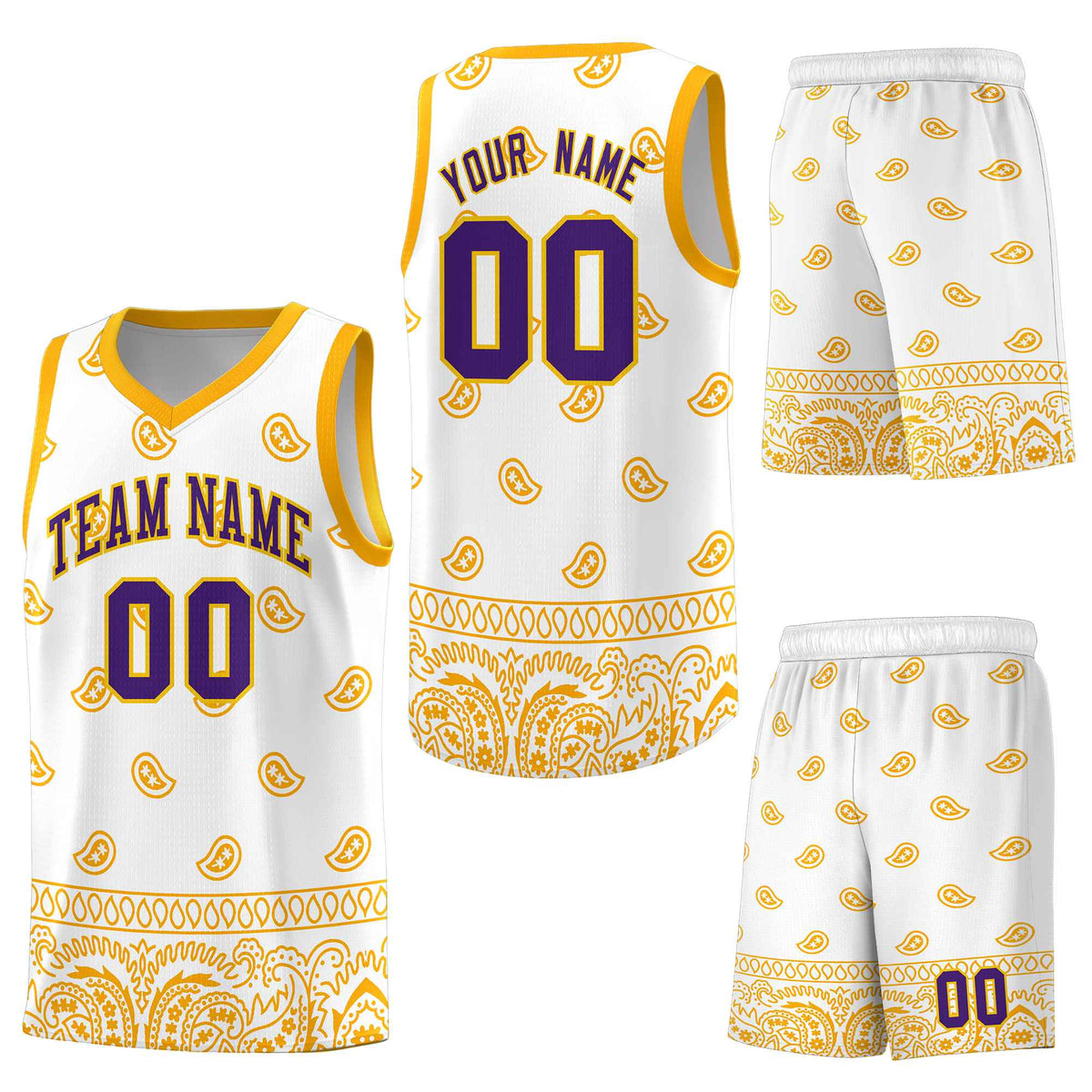 Custom White Yellow Personalized Cashew Pattern Sports Uniform Basketball Jersey