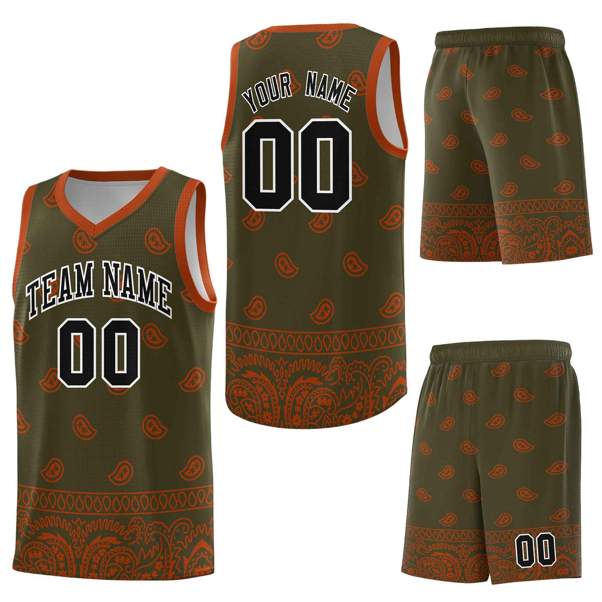 Custom Olive Texas Orange Personalized Cashew Pattern Sports Uniform Basketball Jersey