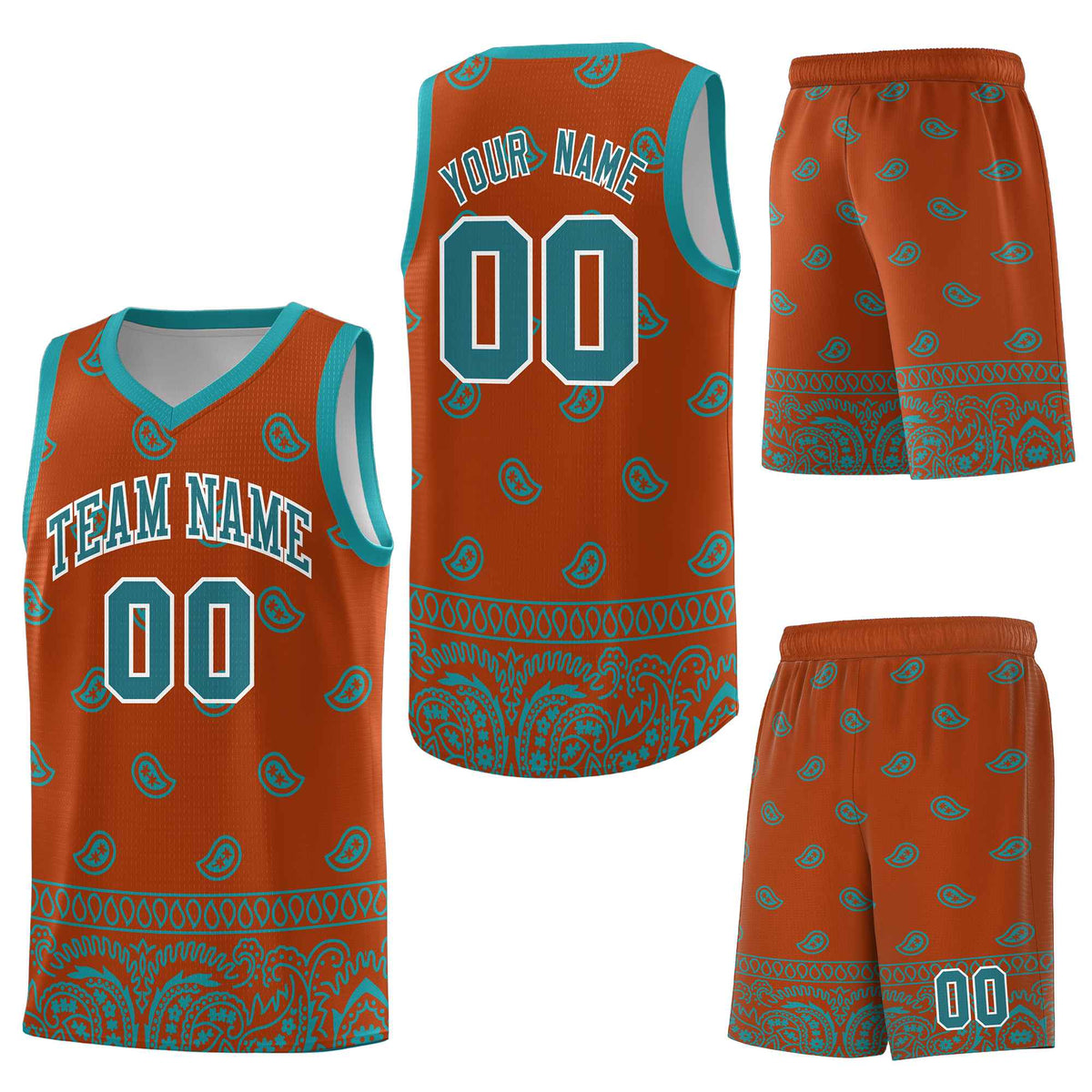 Custom Texas Orange Aqua Personalized Cashew Pattern Sports Uniform Basketball Jersey