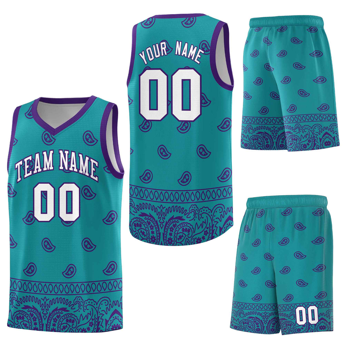 Custom Aqua Purple Personalized Cashew Pattern Sports Uniform Basketball Jersey