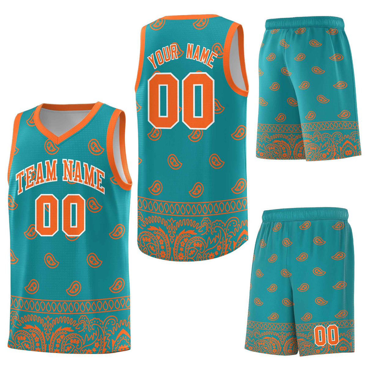 Custom Aqua Orange Personalized Cashew Pattern Sports Uniform Basketball Jersey