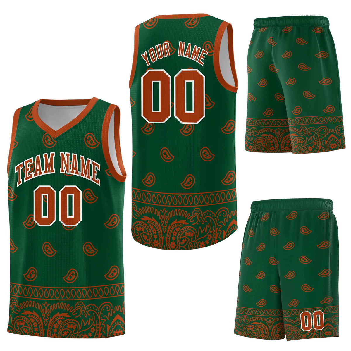 Custom Green Texas Orange Personalized Cashew Pattern Sports Uniform Basketball Jersey