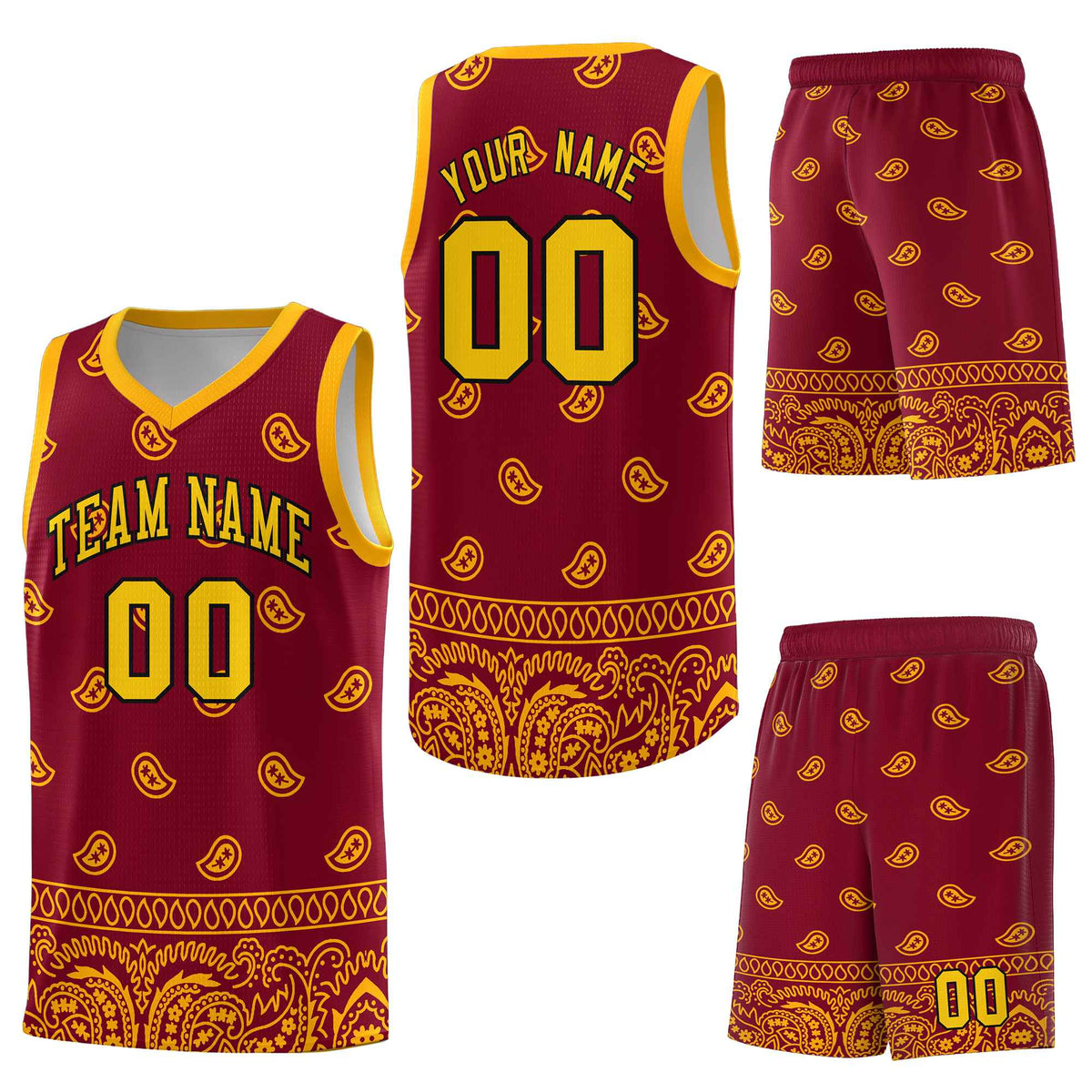 Custom Crimson Yellow Personalized Cashew Pattern Sports Uniform Basketball Jersey