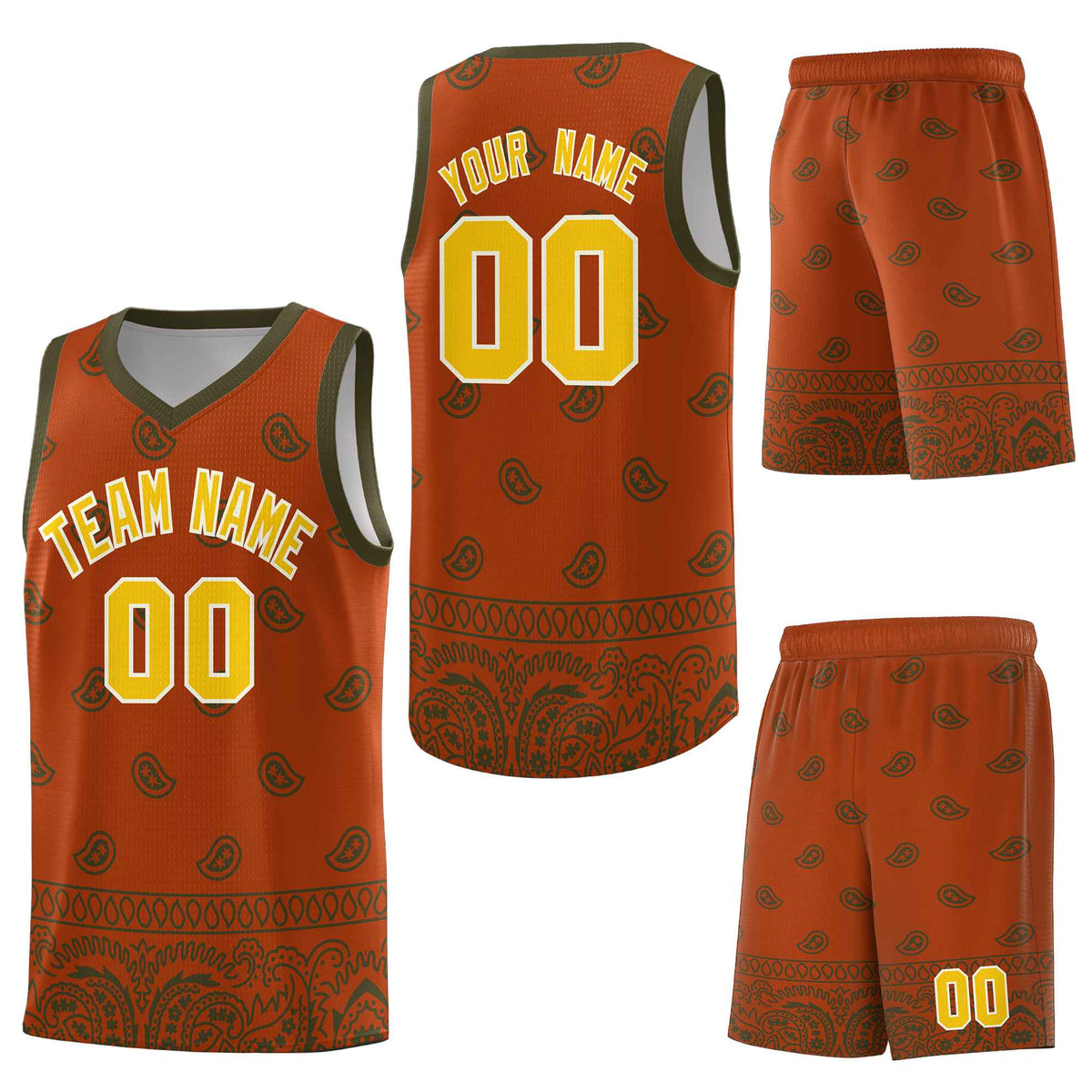 Custom Texas Orange Olive Personalized Cashew Pattern Sports Uniform Basketball Jersey