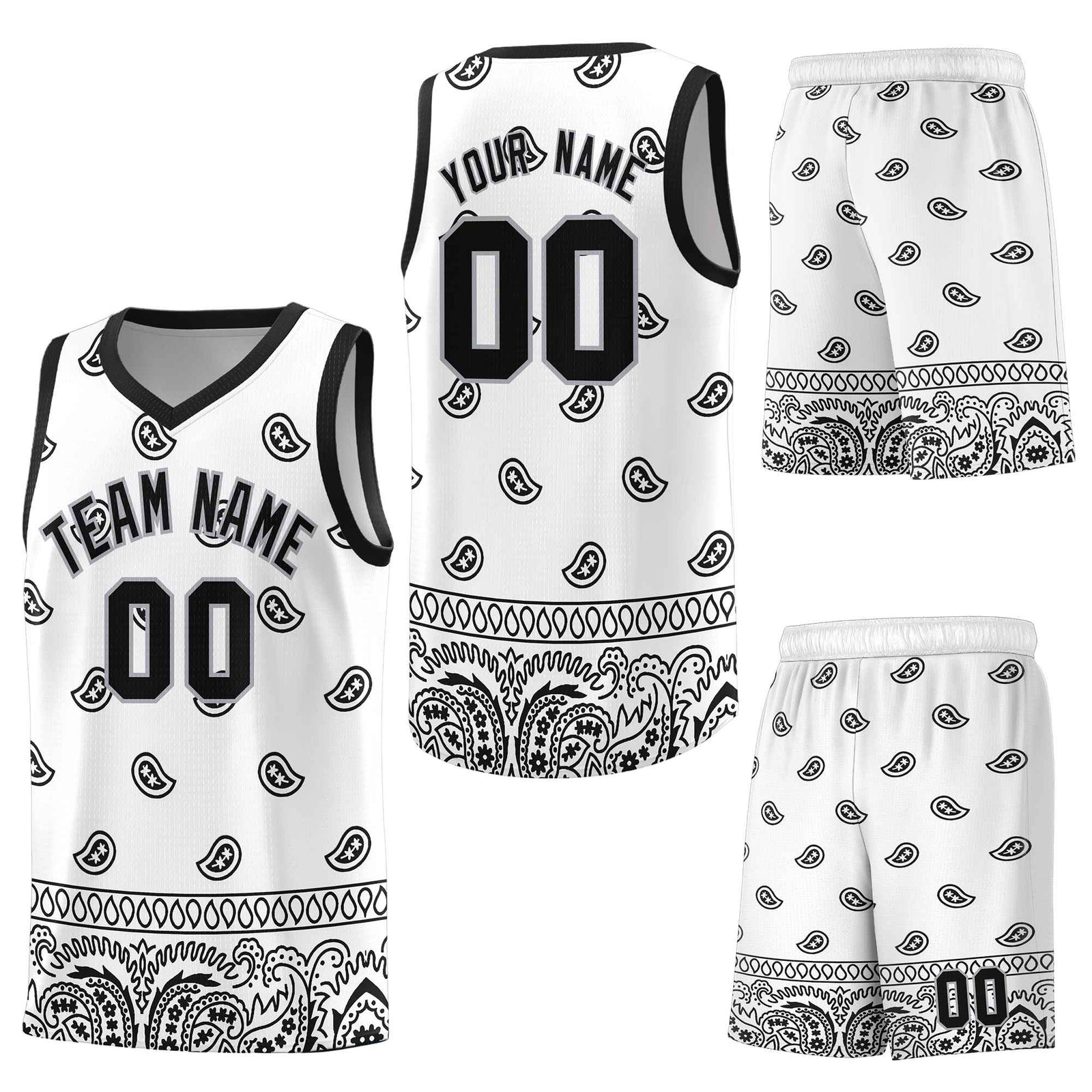 Custom White Black Personalized Cashew Pattern Sports Uniform Basketball Jersey