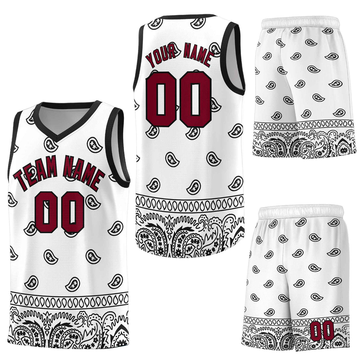 Custom White Black Personalized Cashew Pattern Sports Uniform Basketball Jersey