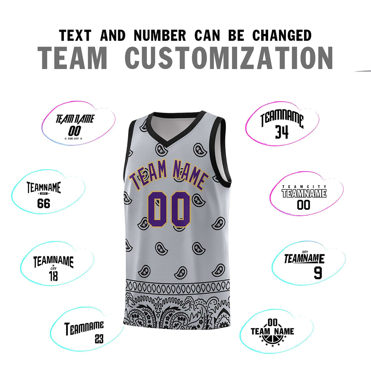 Custom Gray Black Personalized Cashew Pattern Sports Uniform Basketball Jersey