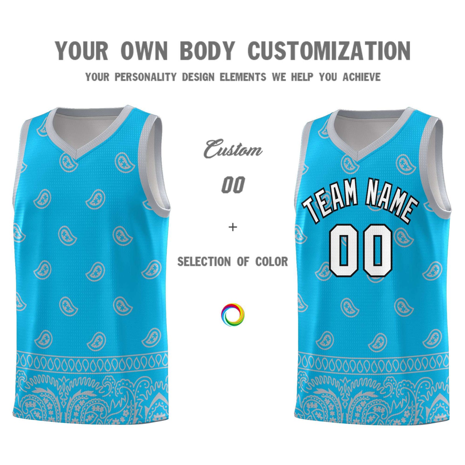 Custom Sky Blue Gray Personalized Cashew Pattern Sports Uniform Basketball Jersey