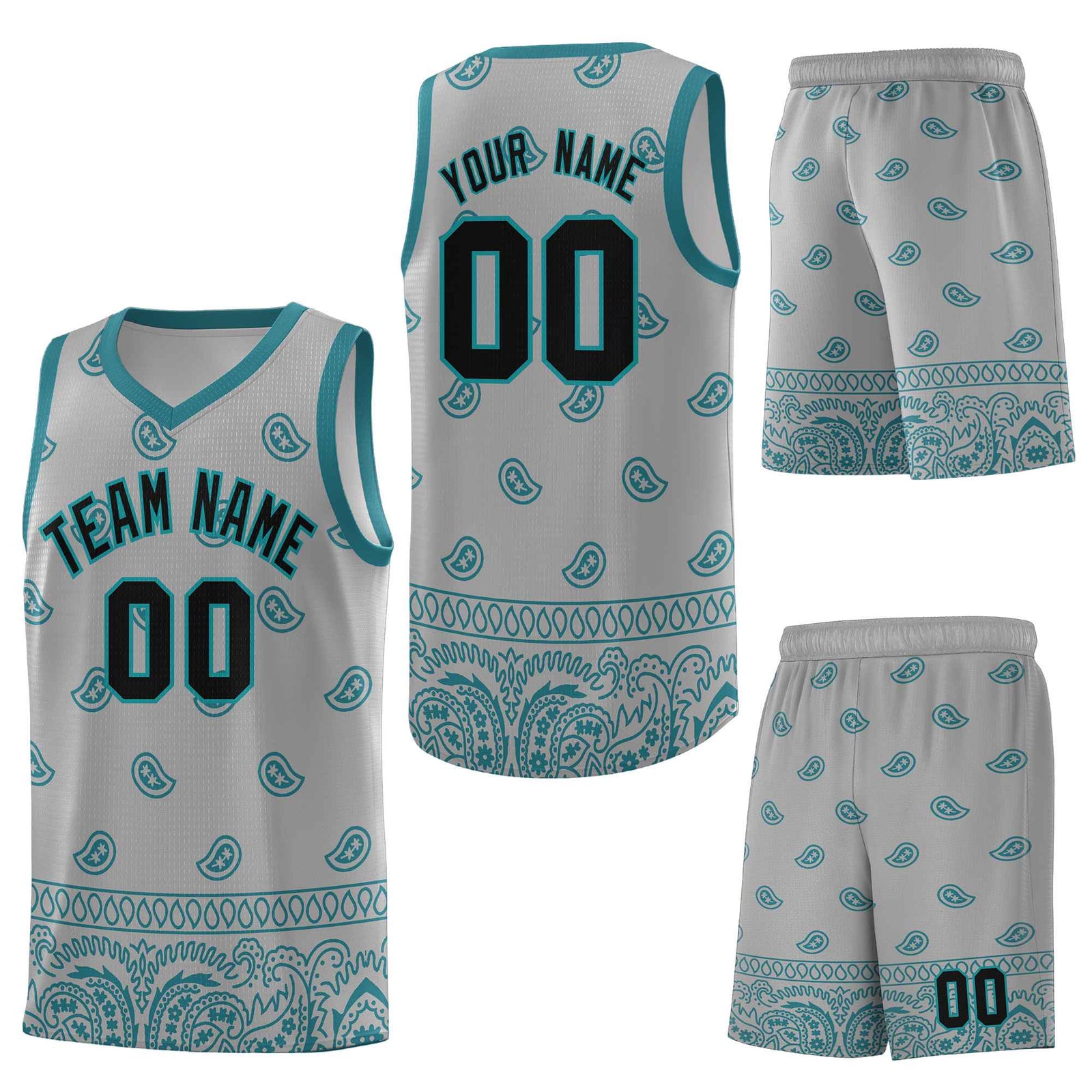Custom Gray Aqua Personalized Cashew Pattern Sports Uniform Basketball Jersey