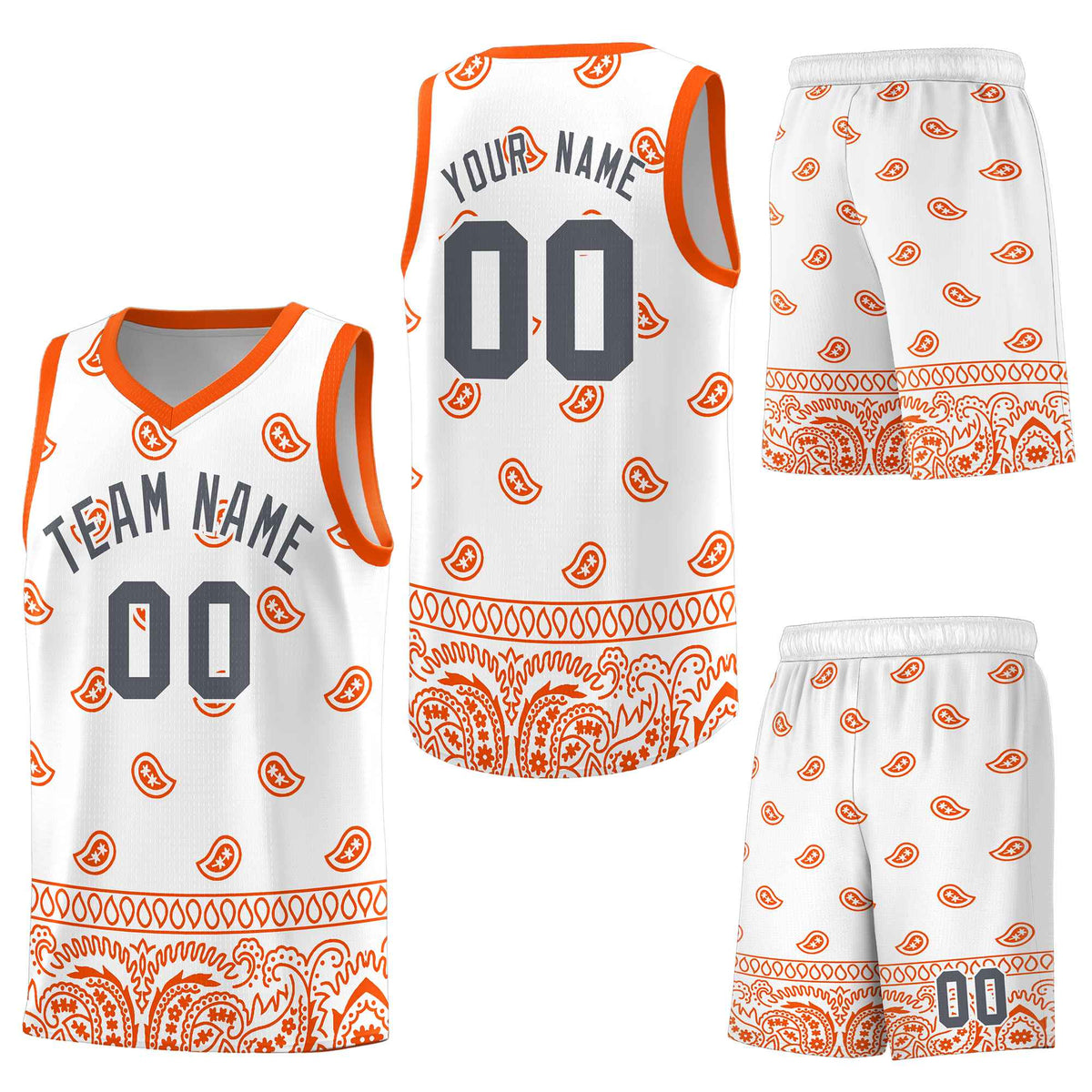 Custom White Orange Personalized Cashew Pattern Sports Uniform Basketball Jersey