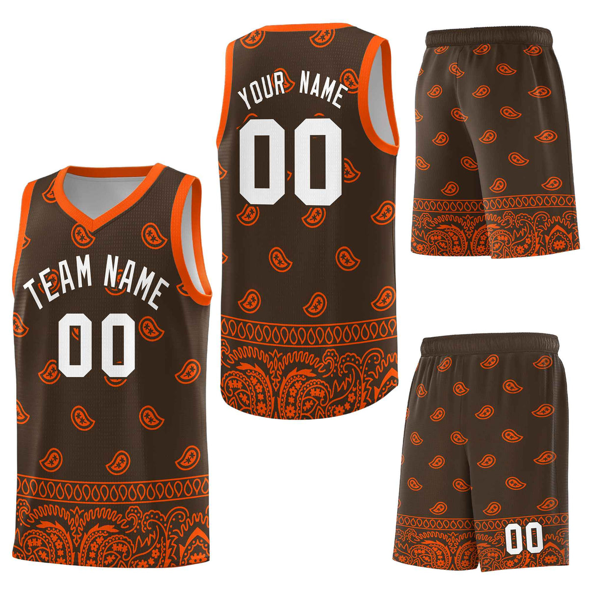Custom Brown Orange Personalized Cashew Pattern Sports Uniform Basketball Jersey