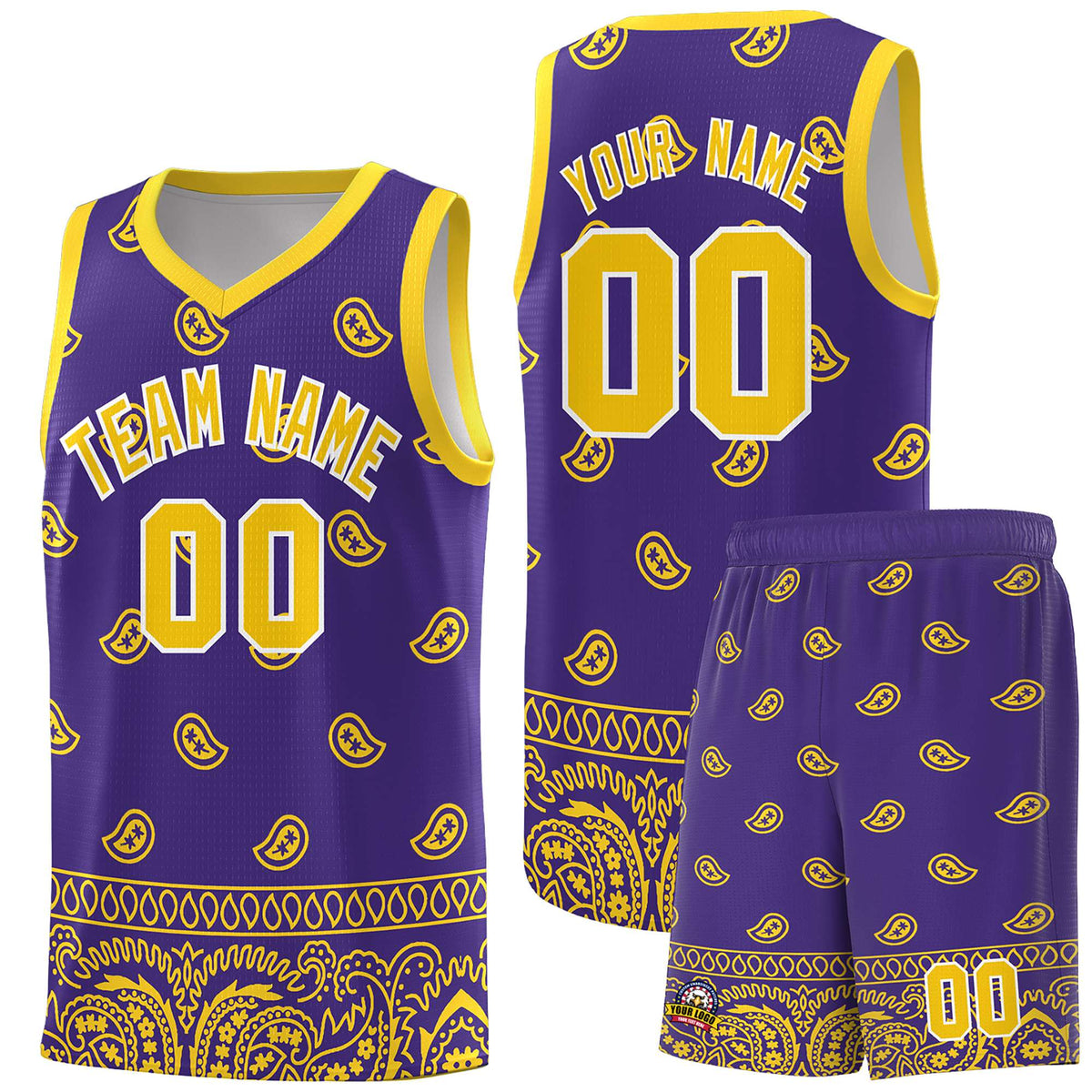 Custom Purple Gold Personalized Cashew Pattern Sports Uniform Basketball Jersey