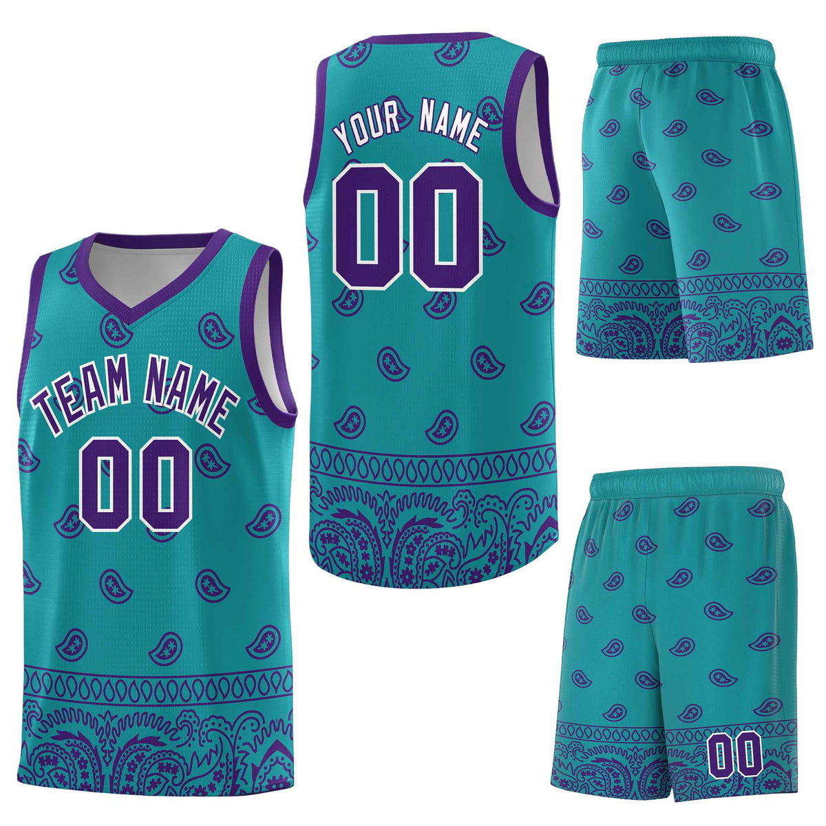 Custom Aqua Purple Personalized Cashew Pattern Sports Uniform Basketball Jersey