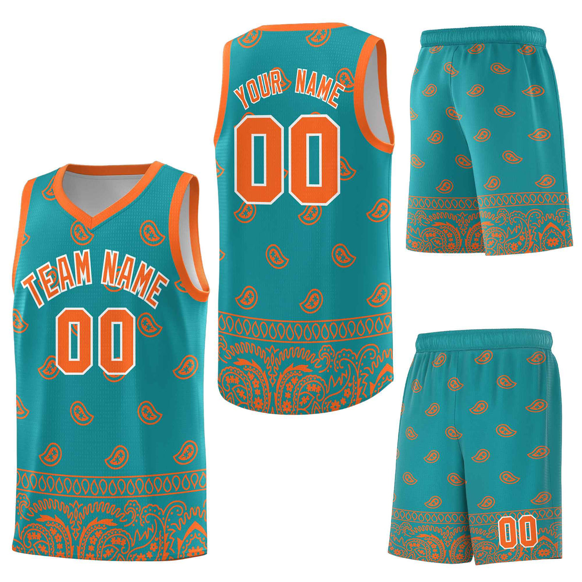 Custom Aqua Orange Personalized Cashew Pattern Sports Uniform Basketball Jersey