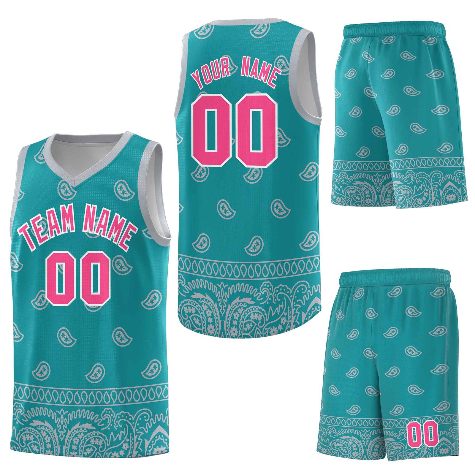 Custom Aqua Gray Personalized Cashew Pattern Sports Uniform Basketball Jersey