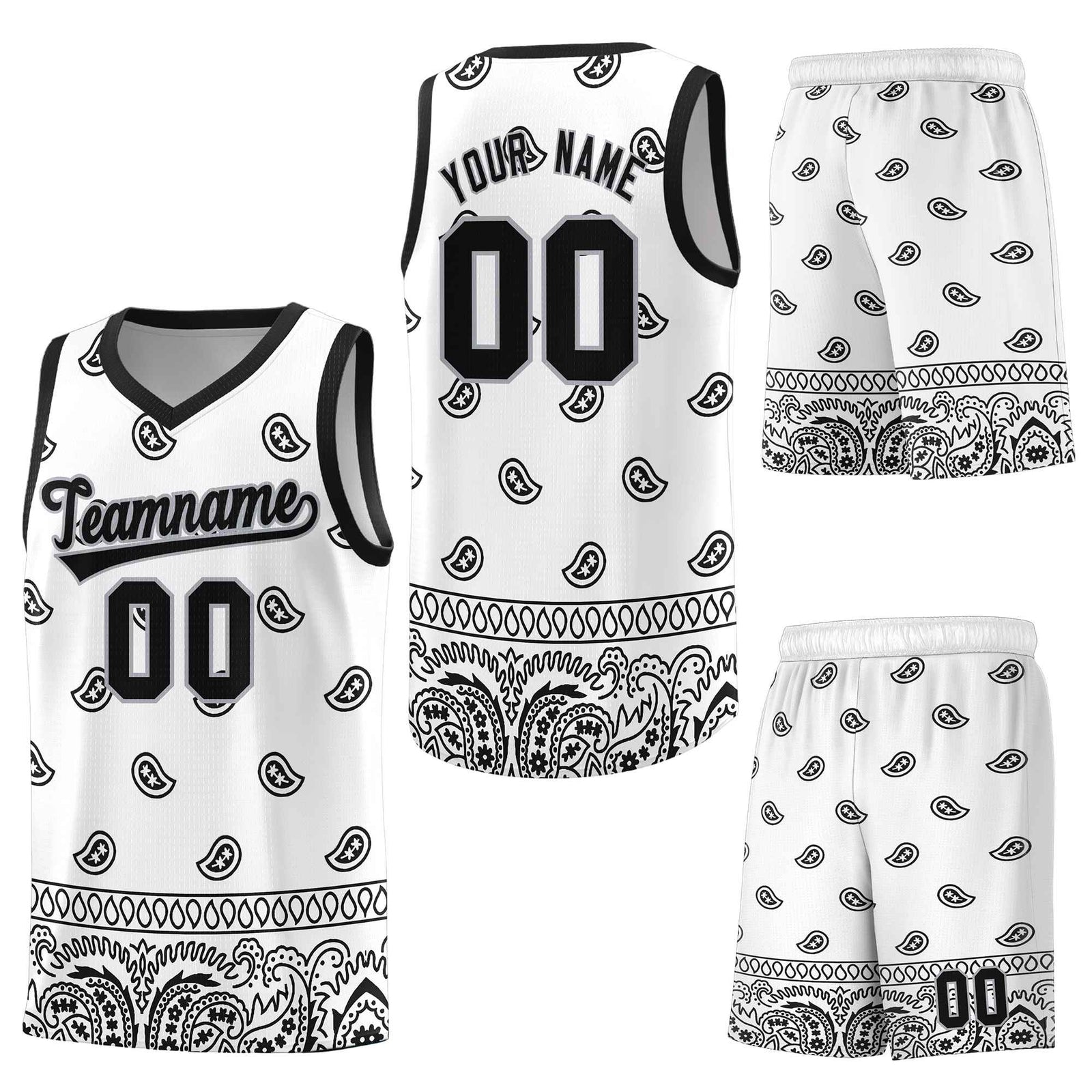 Custom White Black Personalized Cashew Pattern Sports Uniform Basketball Jersey