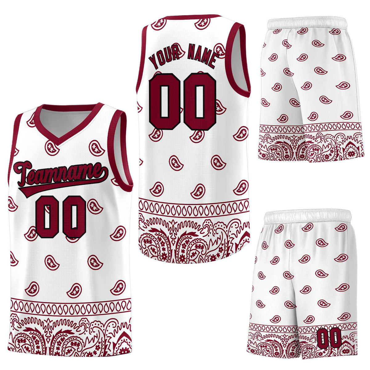 Custom White Crimson Personalized Cashew Pattern Sports Uniform Basketball Jersey