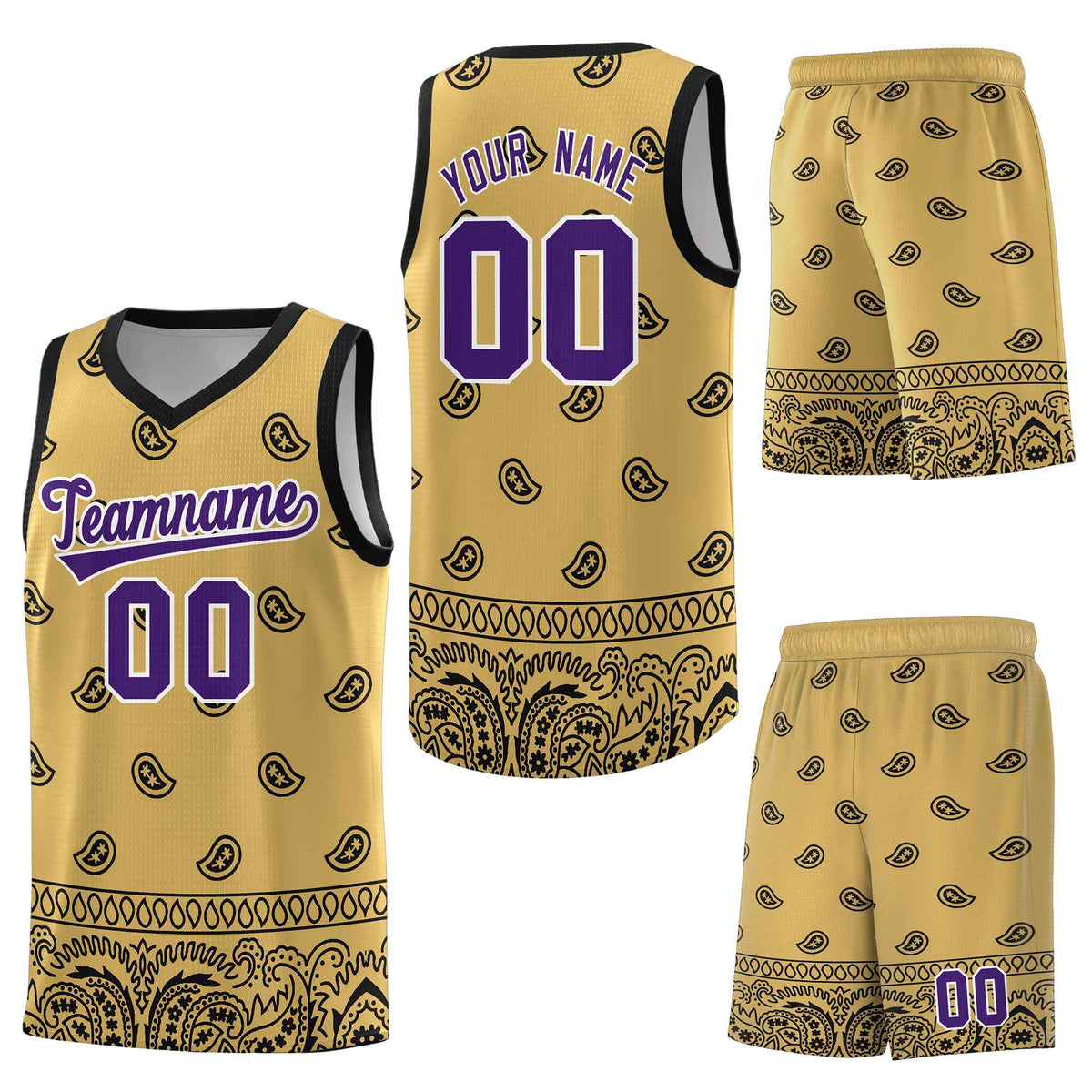 Custom Old Gold Black Personalized Cashew Pattern Sports Uniform Basketball Jersey