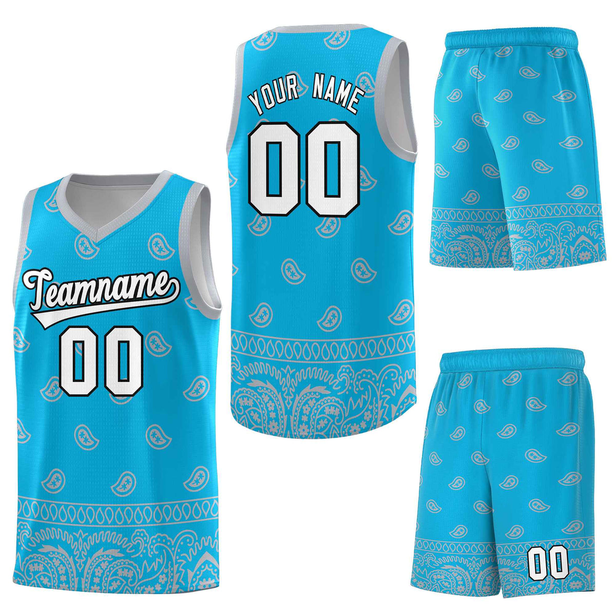 Custom Sky Blue Gray Personalized Cashew Pattern Sports Uniform Basketball Jersey