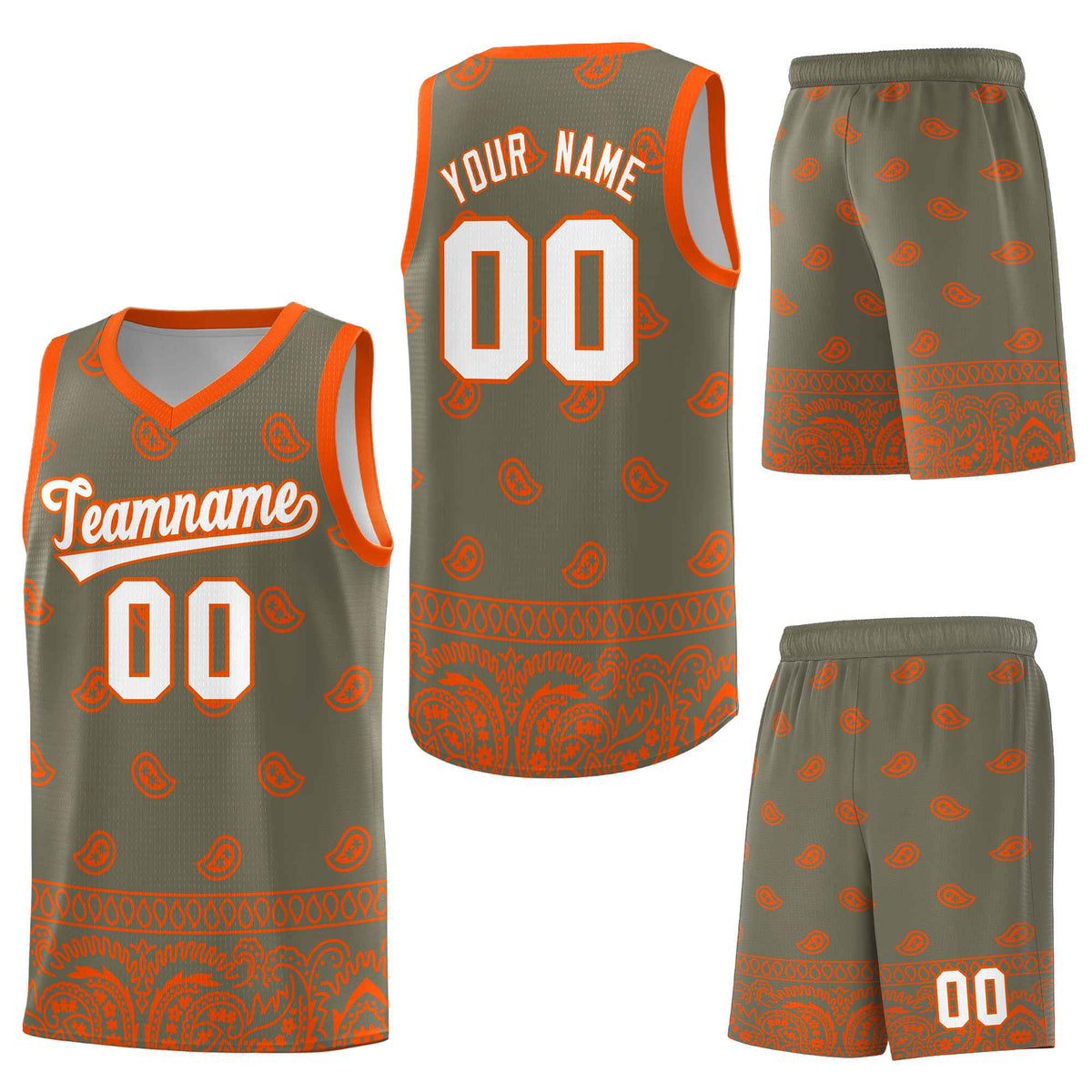 Custom Olive Orange Personalized Cashew Pattern Sports Uniform Basketball Jersey