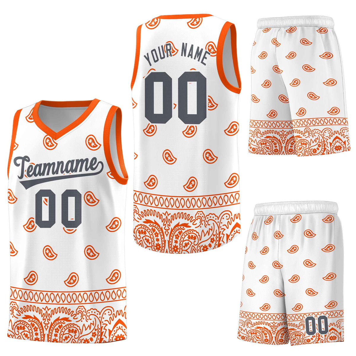 Custom White Orange Personalized Cashew Pattern Sports Uniform Basketball Jersey