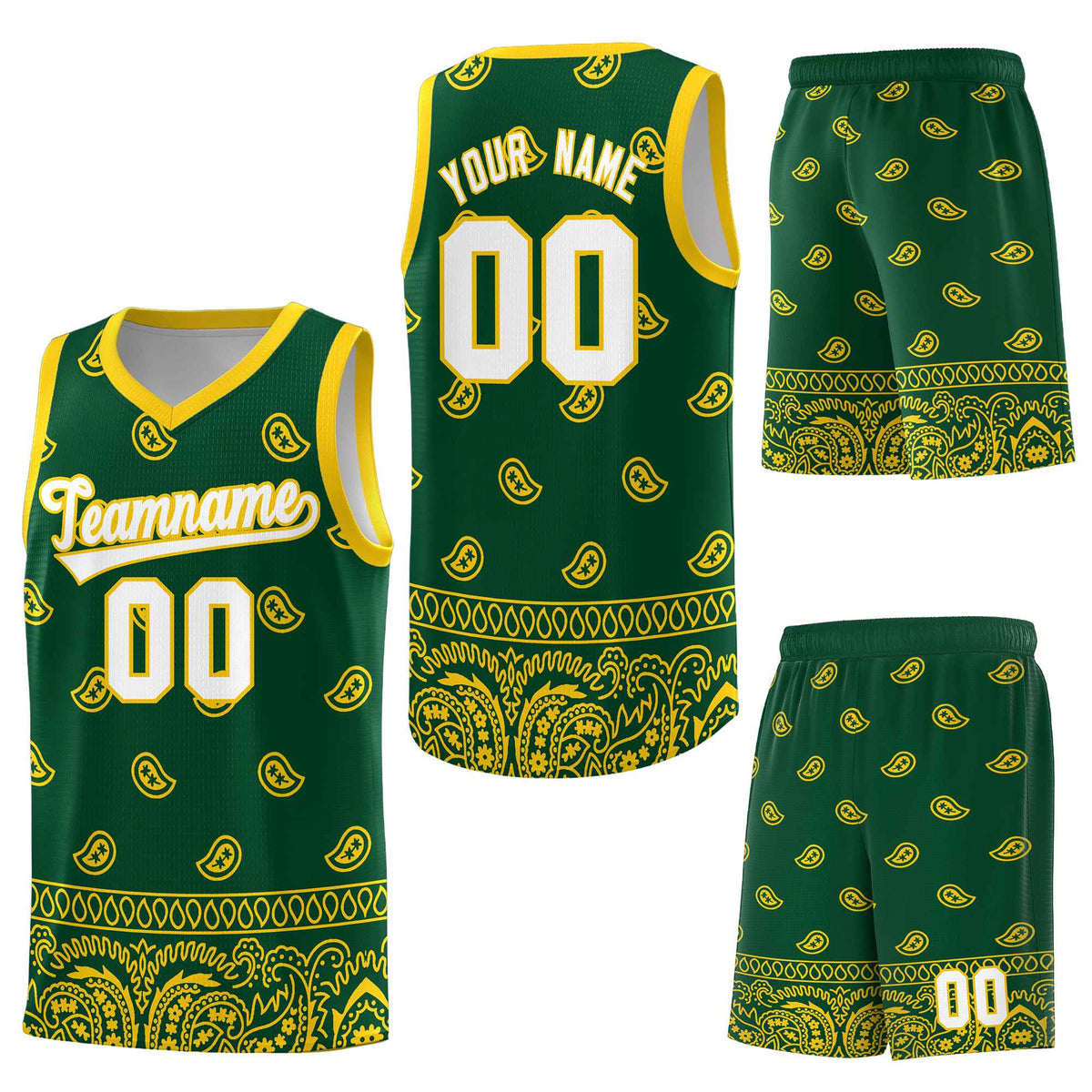 Custom Gold Green Personalized Cashew Pattern Sports Uniform Basketball Jersey