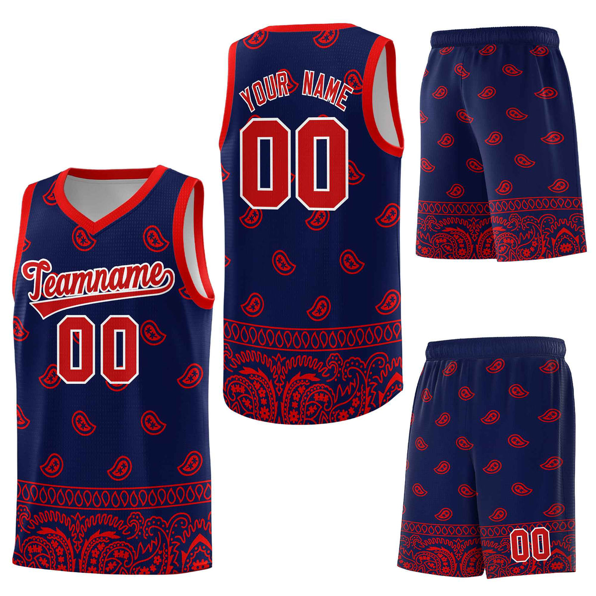 Custom Navy Red Personalized Cashew Pattern Sports Uniform Basketball Jersey