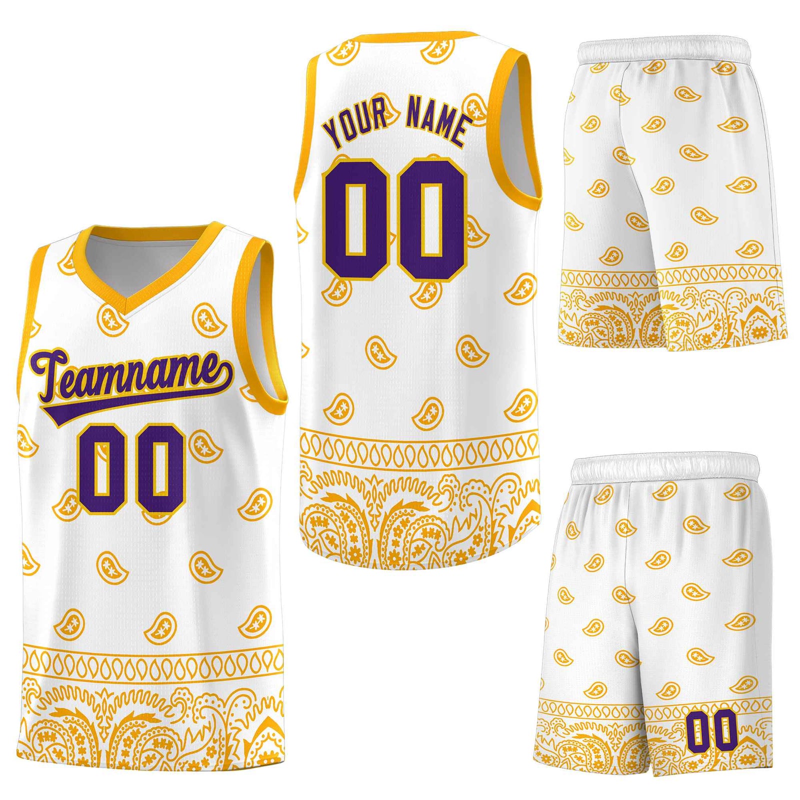 Custom White Yellow Personalized Cashew Pattern Sports Uniform Basketball Jersey