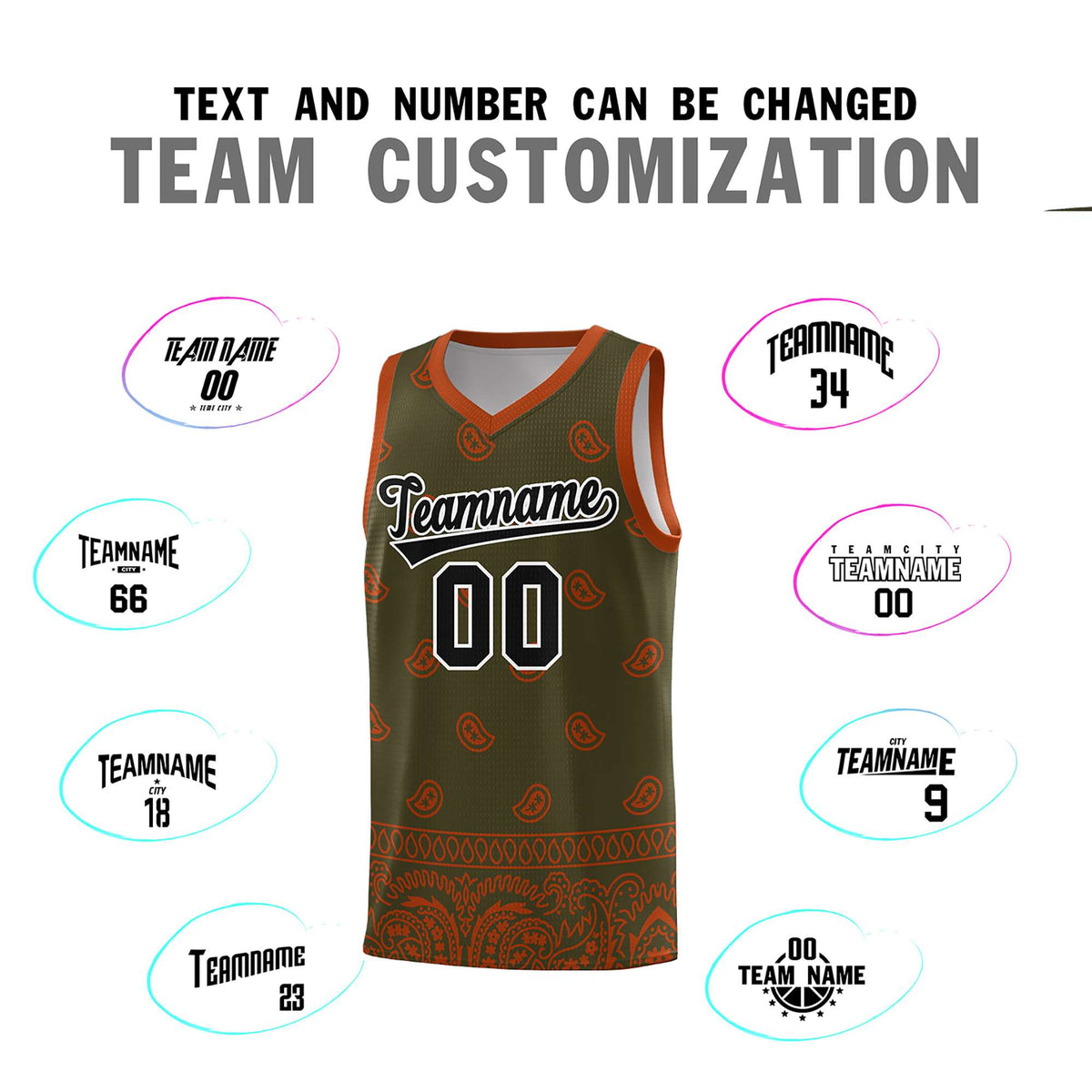 Custom Olive Texas Orange Personalized Cashew Pattern Sports Uniform Basketball Jersey