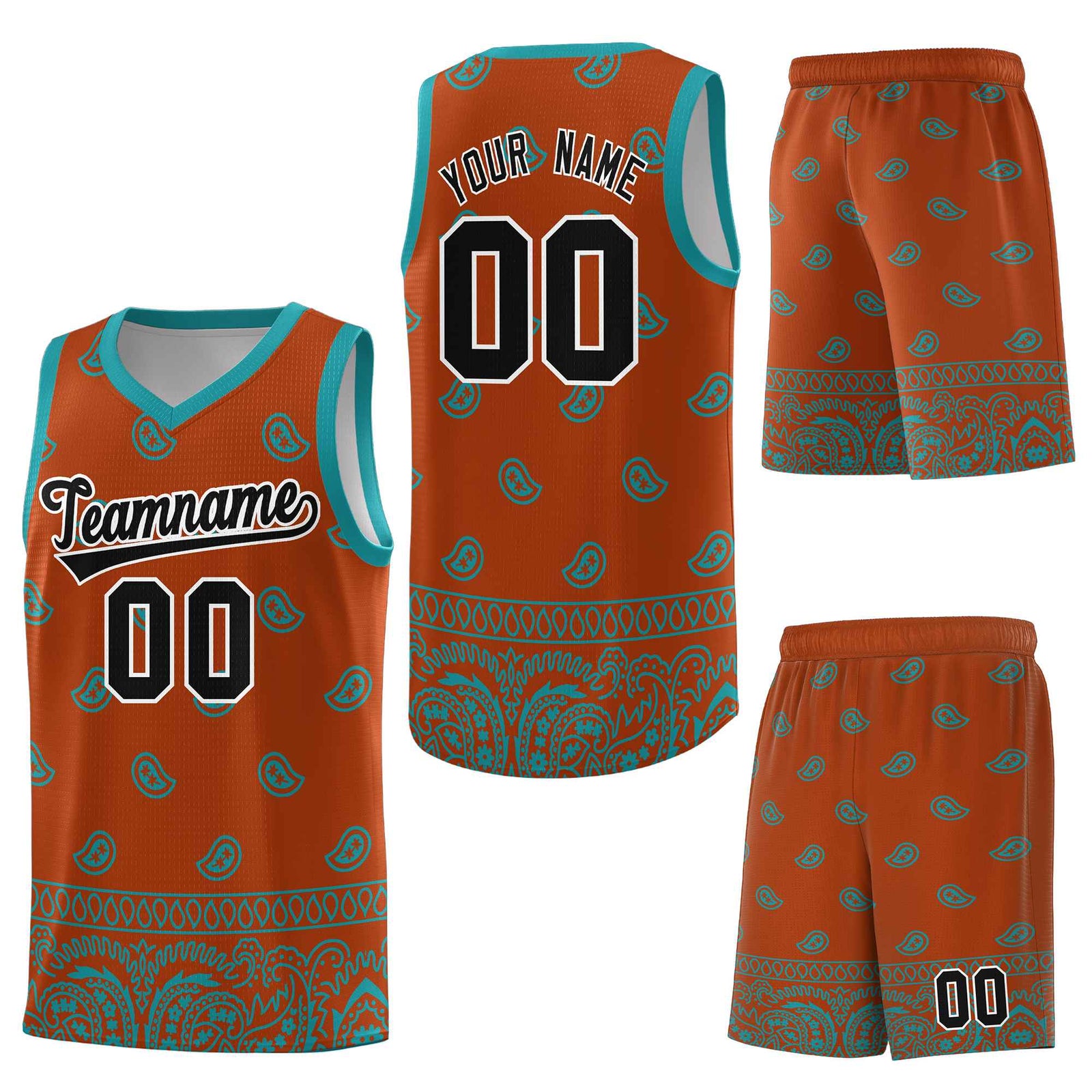 Custom Texas Orange Aqua Personalized Cashew Pattern Sports Uniform Basketball Jersey