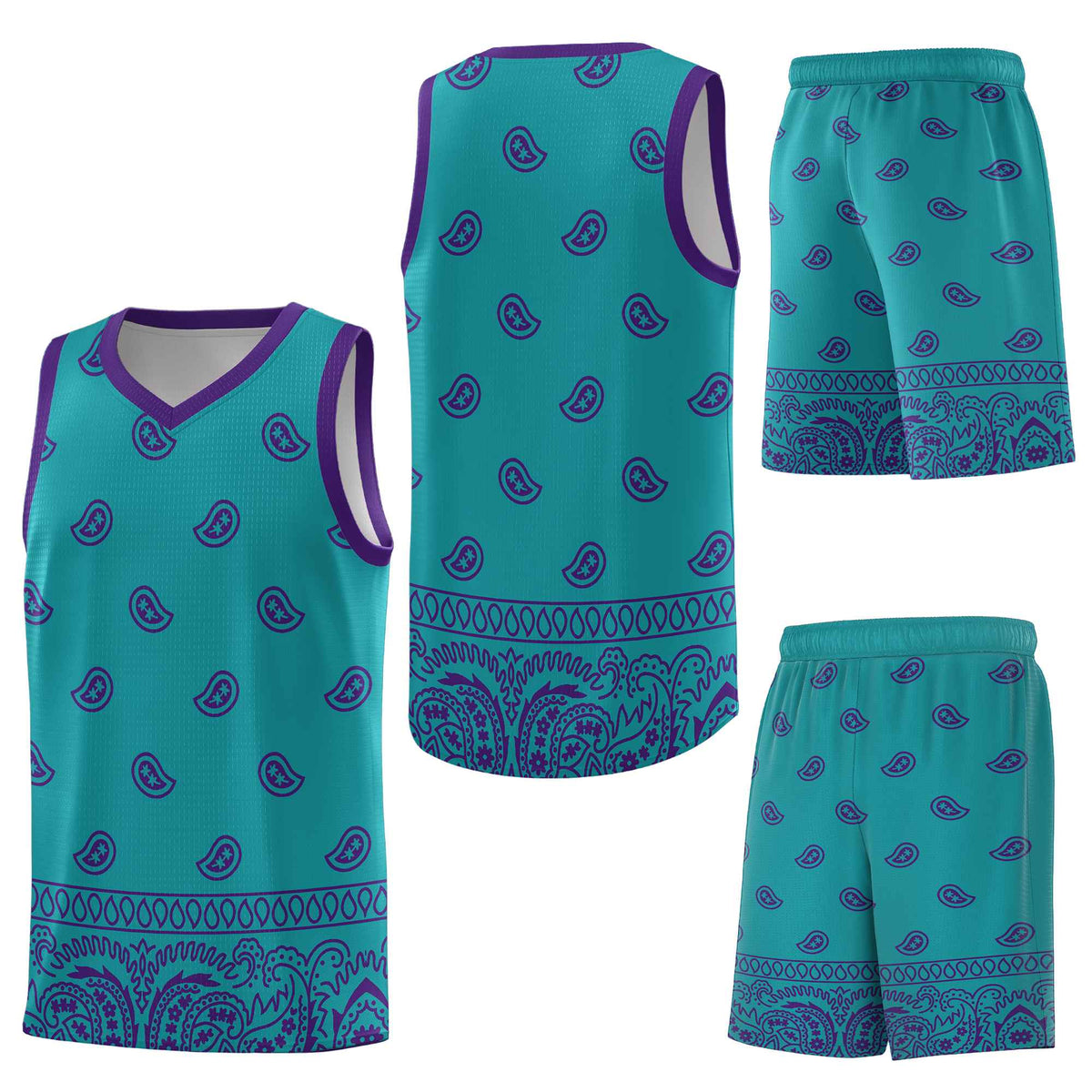Custom Aqua Purple Personalized Cashew Pattern Sports Uniform Basketball Jersey