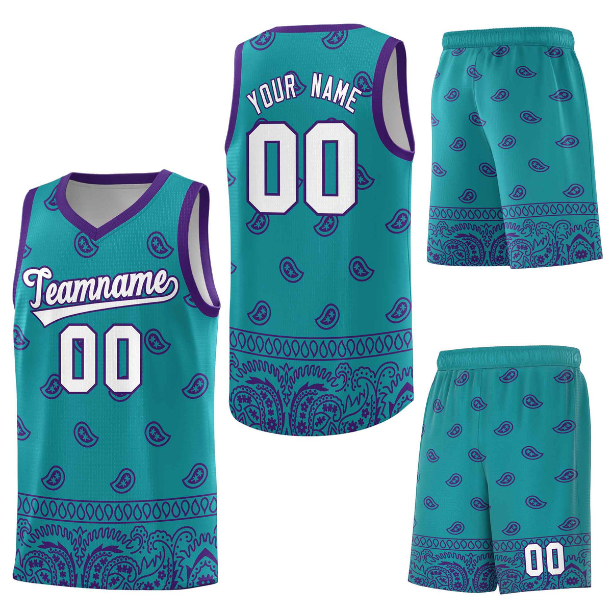 Custom Aqua Purple Personalized Cashew Pattern Sports Uniform Basketball Jersey