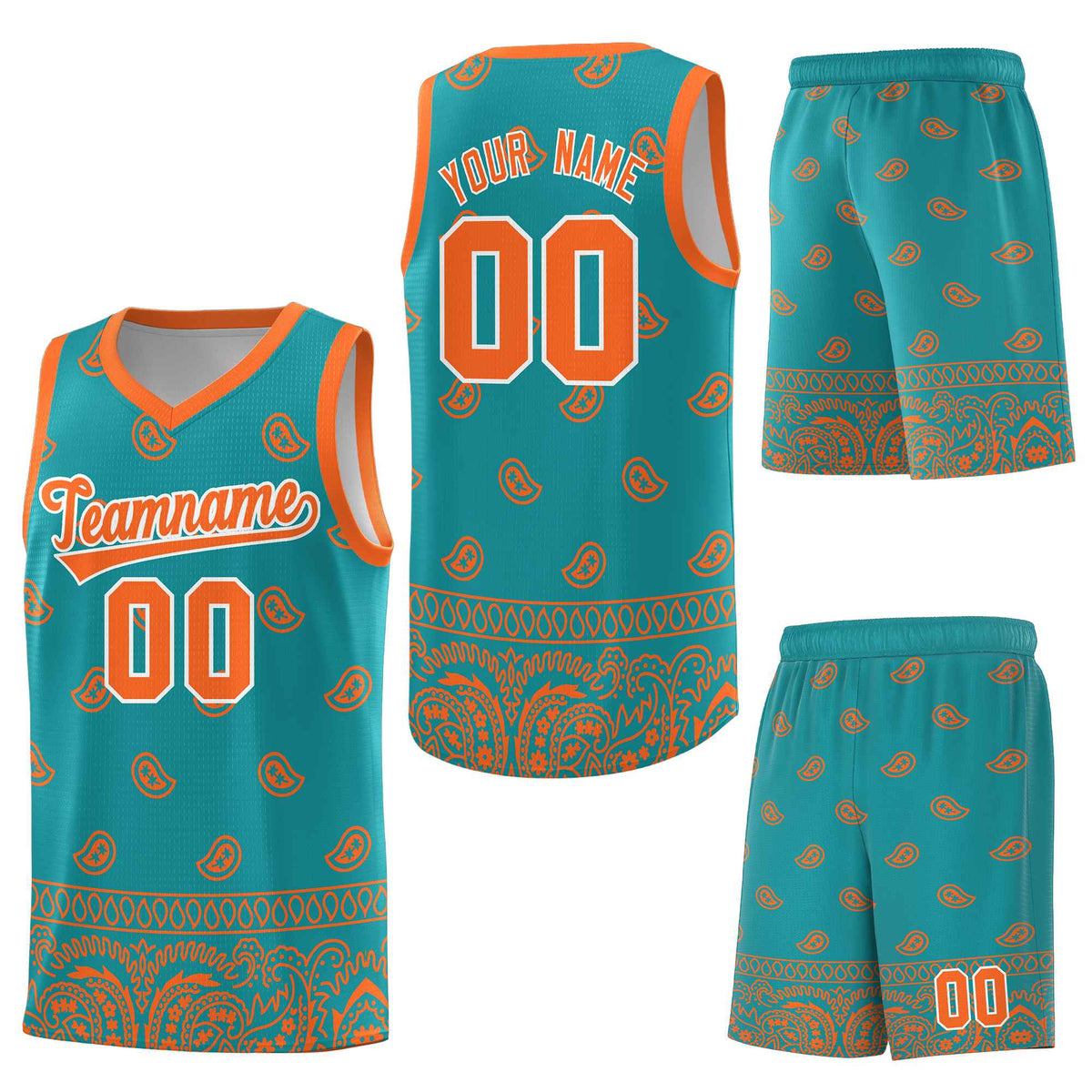 Custom Aqua Orange Personalized Cashew Pattern Sports Uniform Basketball Jersey