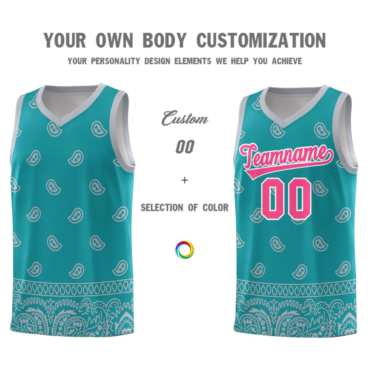 Custom Aqua Gray Personalized Cashew Pattern Sports Uniform Basketball Jersey