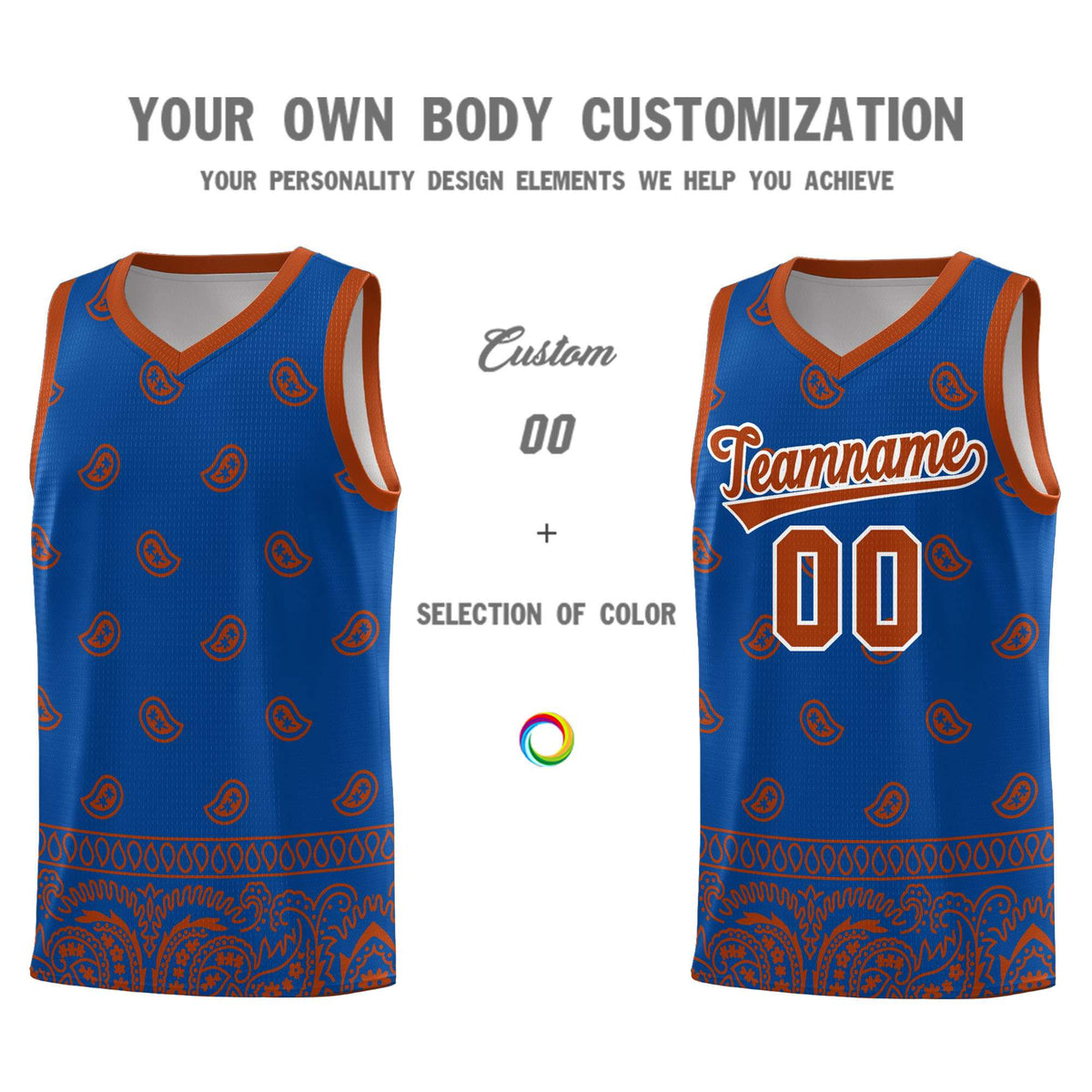 Custom Royal Texas Orange Personalized Cashew Pattern Sports Uniform Basketball Jersey