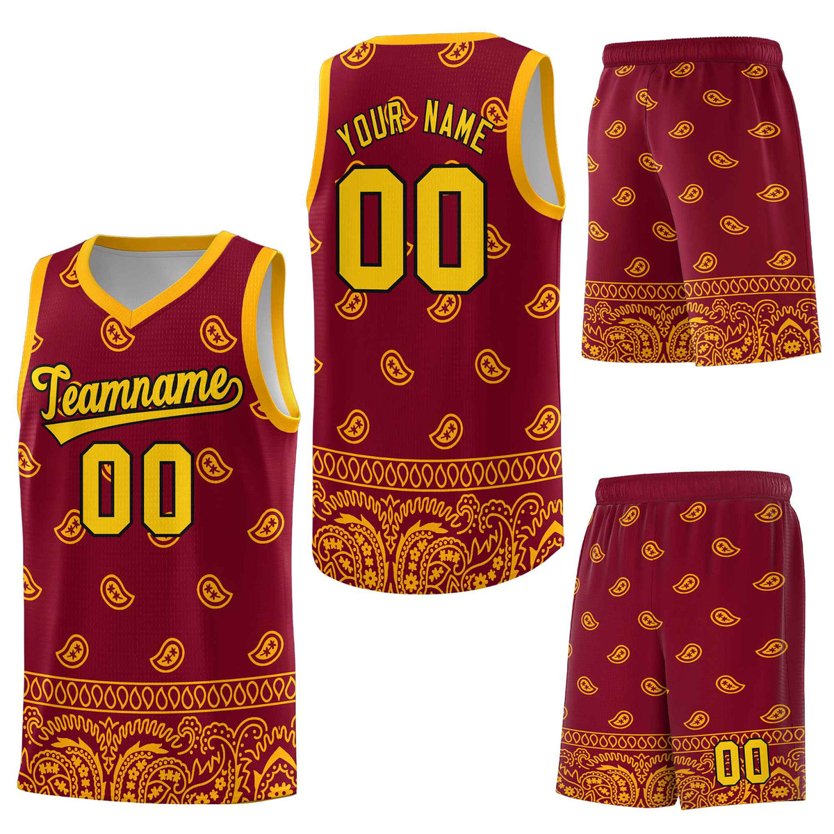 Custom Crimson Yellow Personalized Cashew Pattern Sports Uniform Basketball Jersey