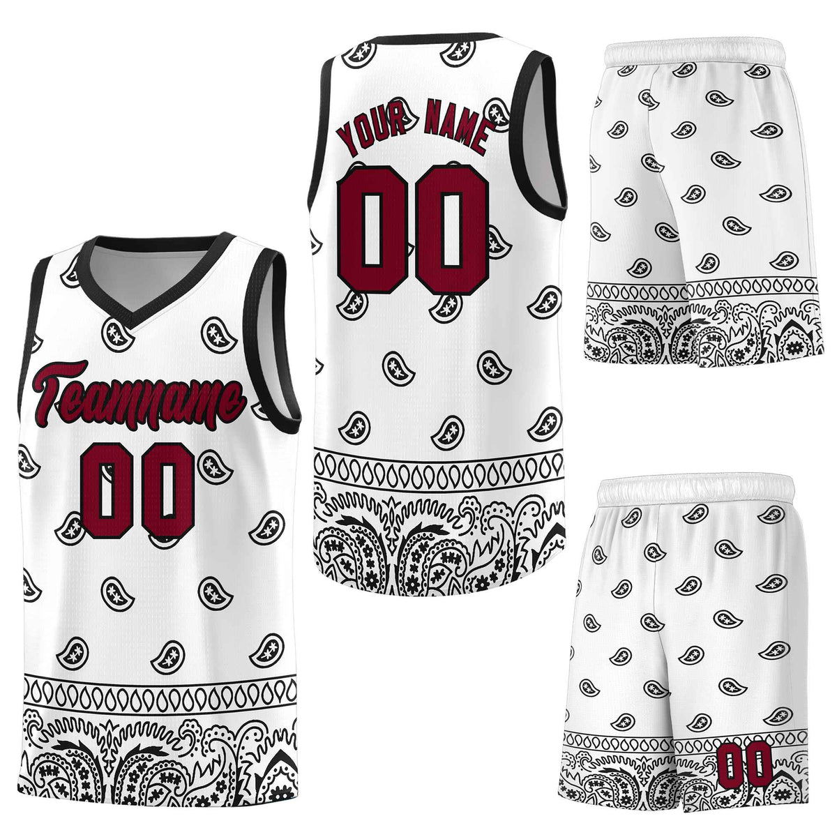 Custom White Black Personalized Cashew Pattern Sports Uniform Basketball Jersey