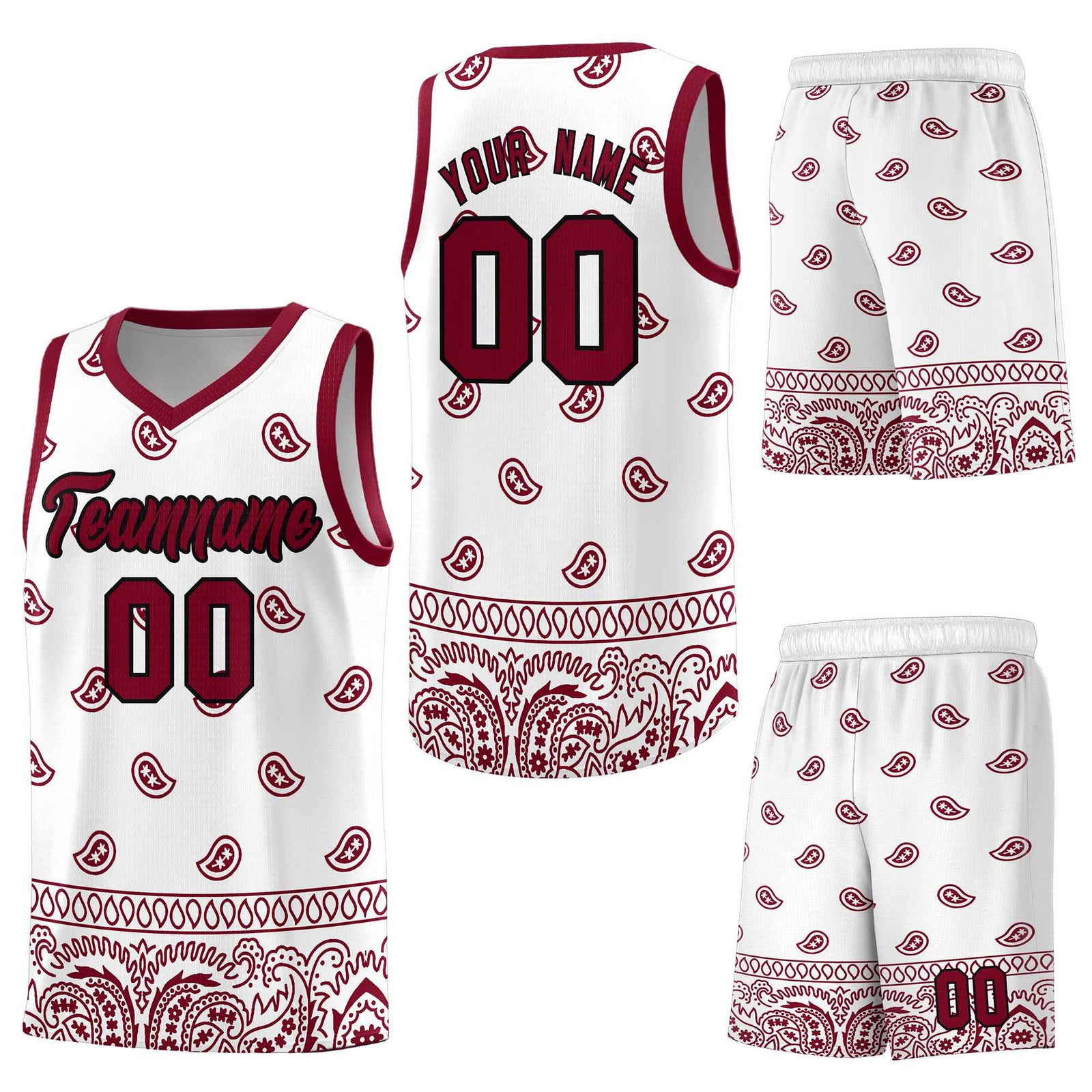 Custom White Crimson Personalized Cashew Pattern Sports Uniform Basketball Jersey