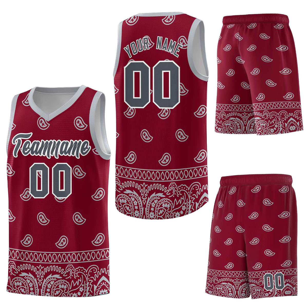 Custom Crimson Gray Personalized Cashew Pattern Sports Uniform Basketball Jersey