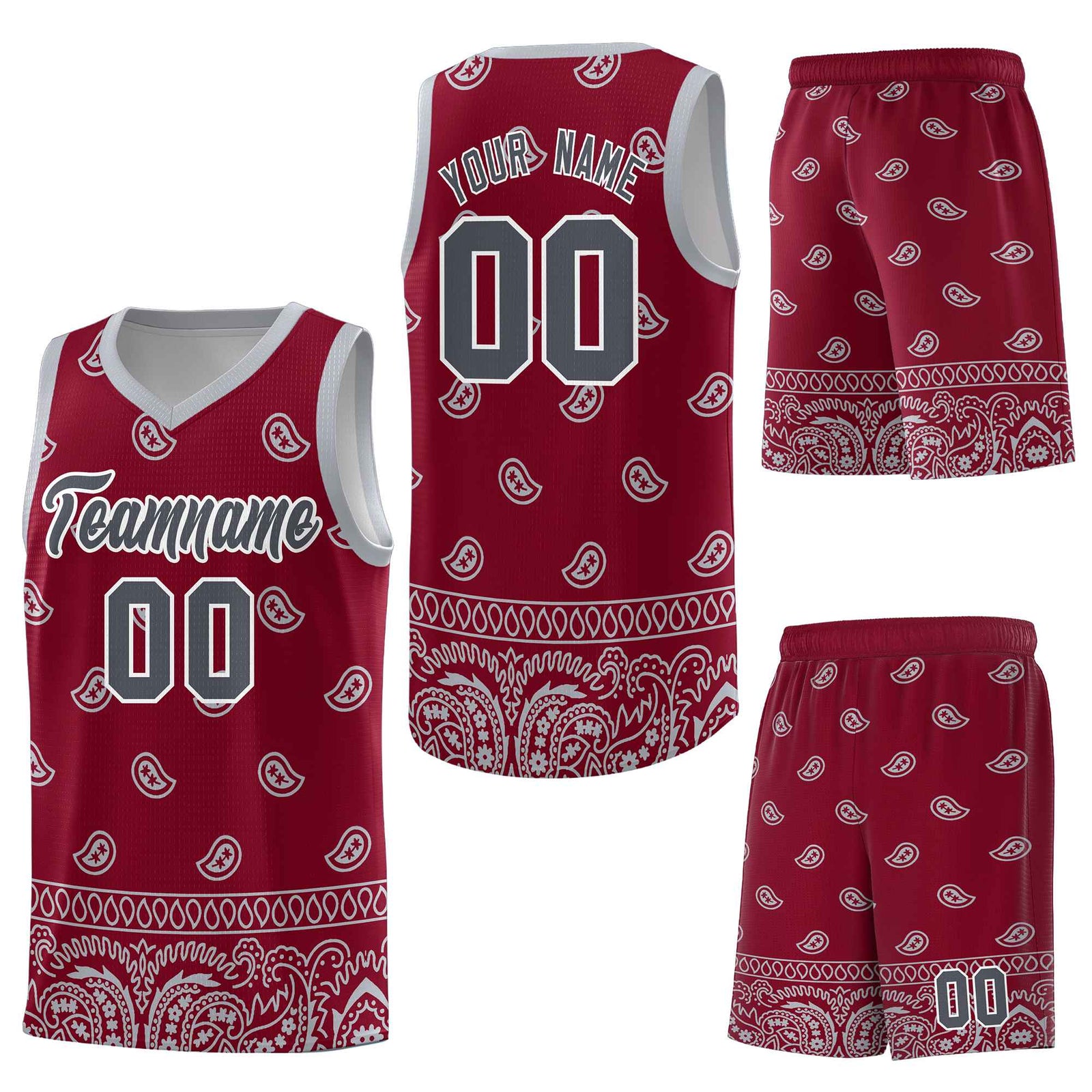 Custom Crimson Gray Personalized Cashew Pattern Sports Uniform Basketball Jersey