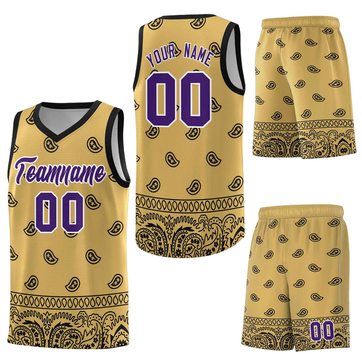 Custom Old Gold Black Personalized Cashew Pattern Sports Uniform Basketball Jersey